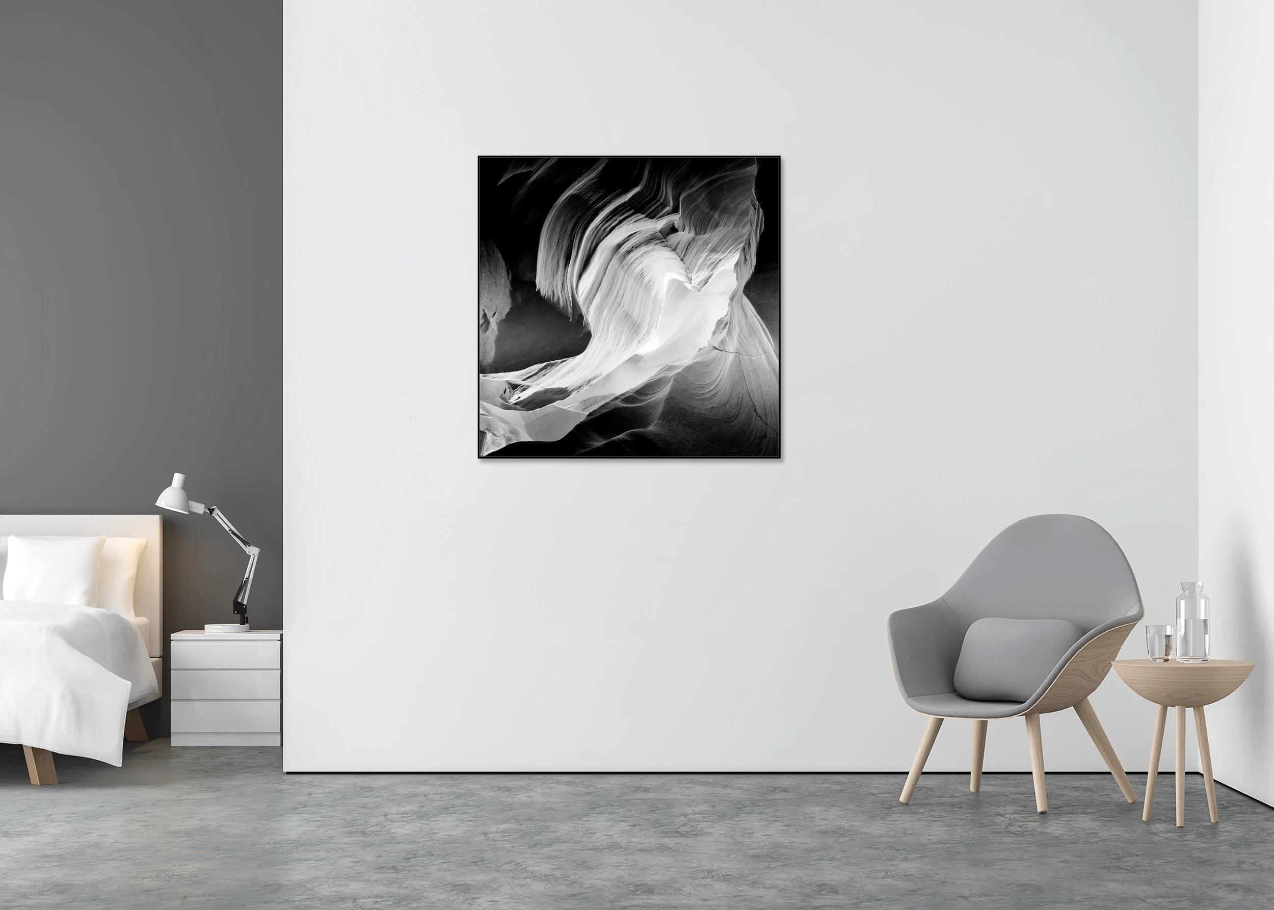 Heart displayed in a modern interior as a black-and-white Dibond print in a black aluminium ArtBox frame by Gerald Berghammer.
