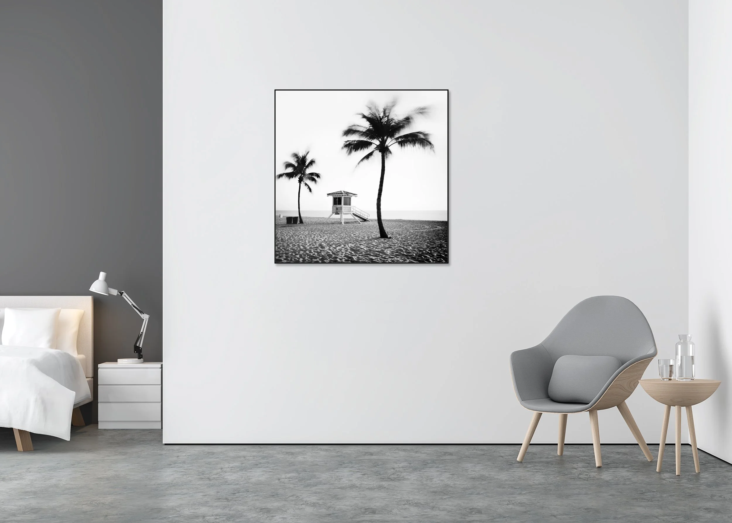 Fort Lauderdale Beach, Study 4 – black-and-white Dibond print in a black aluminium ArtBox displayed in a minimalist bedroom.