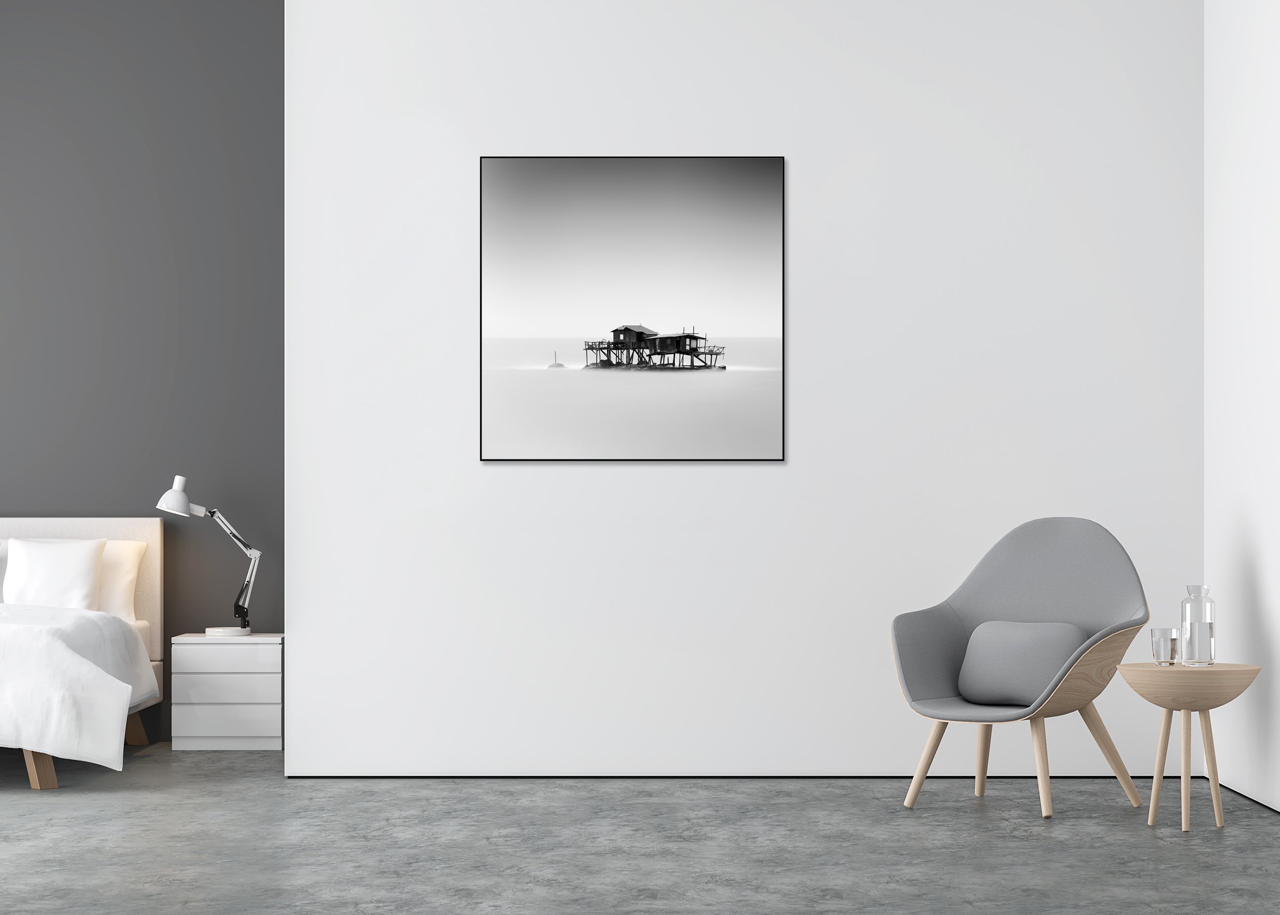 Marina di Pisa Study 1 displayed in a minimalist bedroom interior, mounted on aluminium Dibond in a black ArtBox frame by Gerald Berghammer.