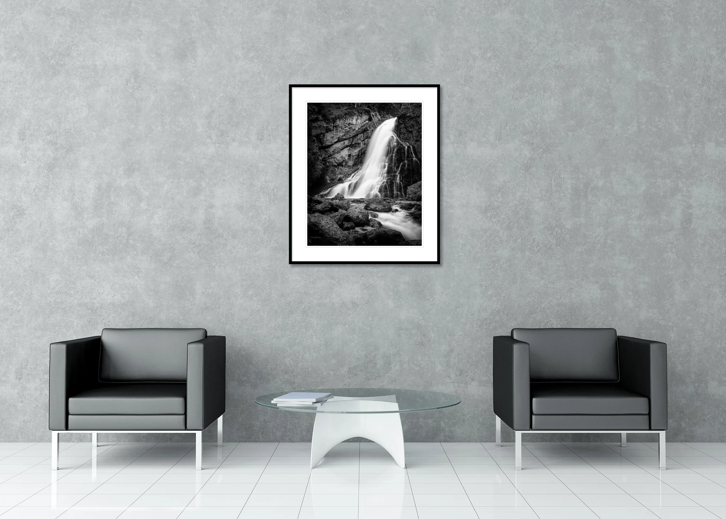 Golling Waterfall archival pigment print in a black aluminium frame with white mount, displayed in a modern lounge.