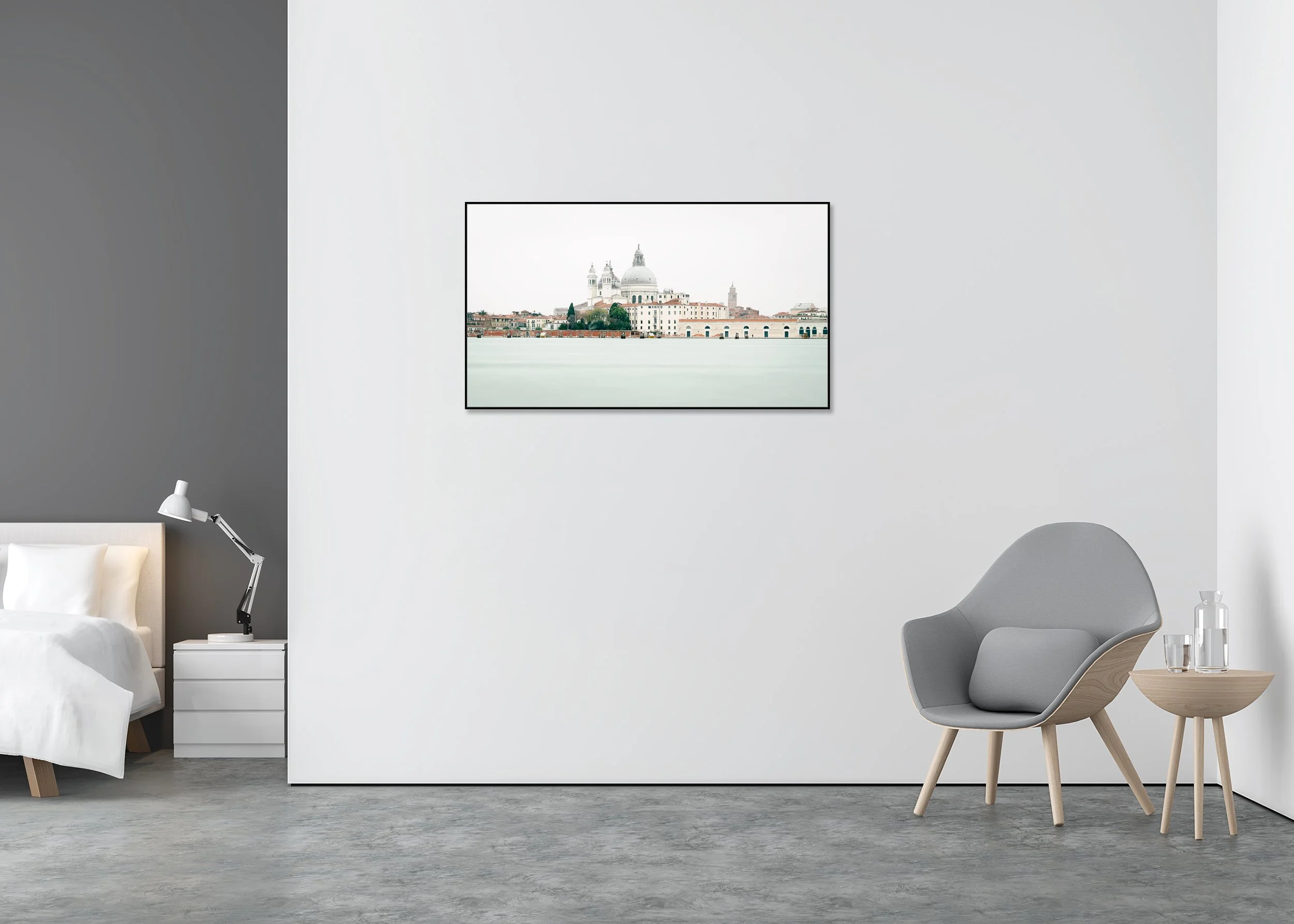 View of Venice, Panorama Study 2 – colour photograph in a black aluminium ArtBox displayed in a minimalist bedroom. Photo by Gerald Berghammer.