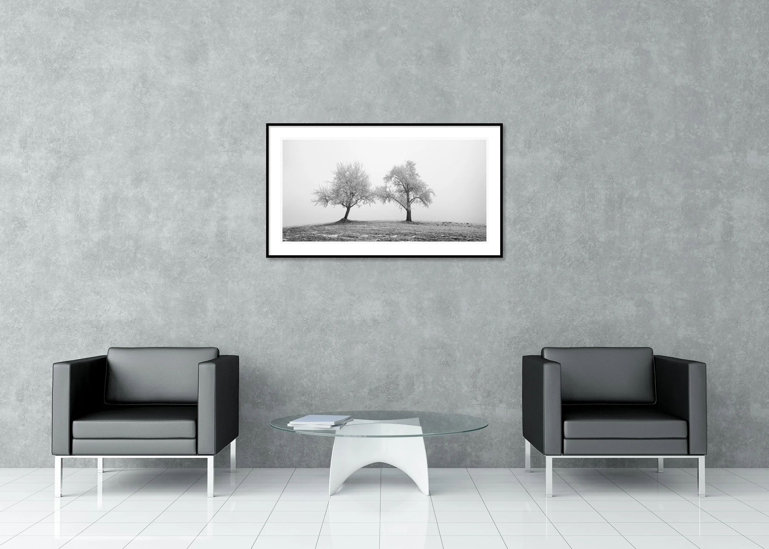 Two Lonely Frozen Trees Panorama displayed in a modern interior as an archival pigment print in a black aluminium frame with a white mount by Gerald Berghammer.