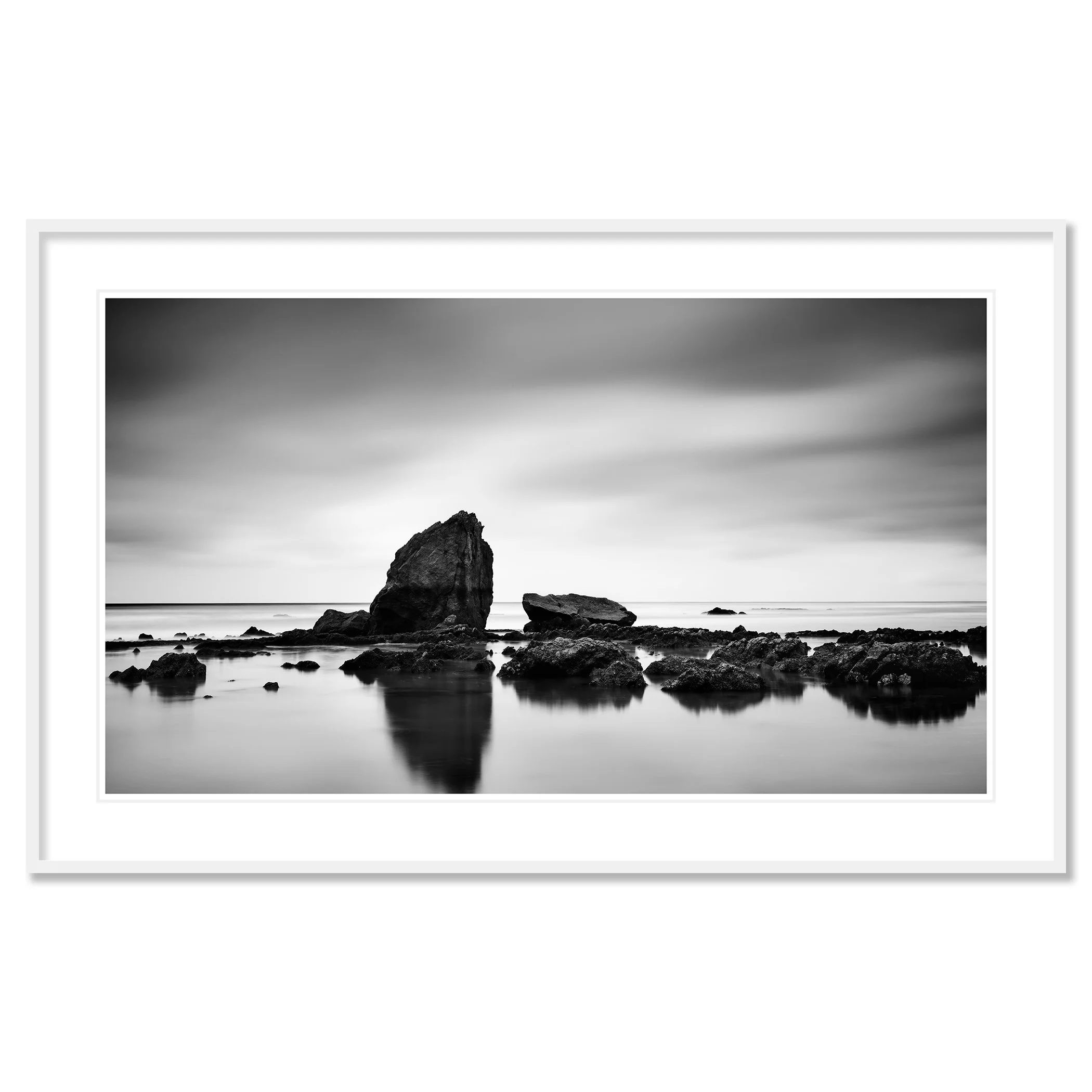 Beach Rock Panorama Study 2 – France, black-and-white fine art print in a white aluminium frame with white mount