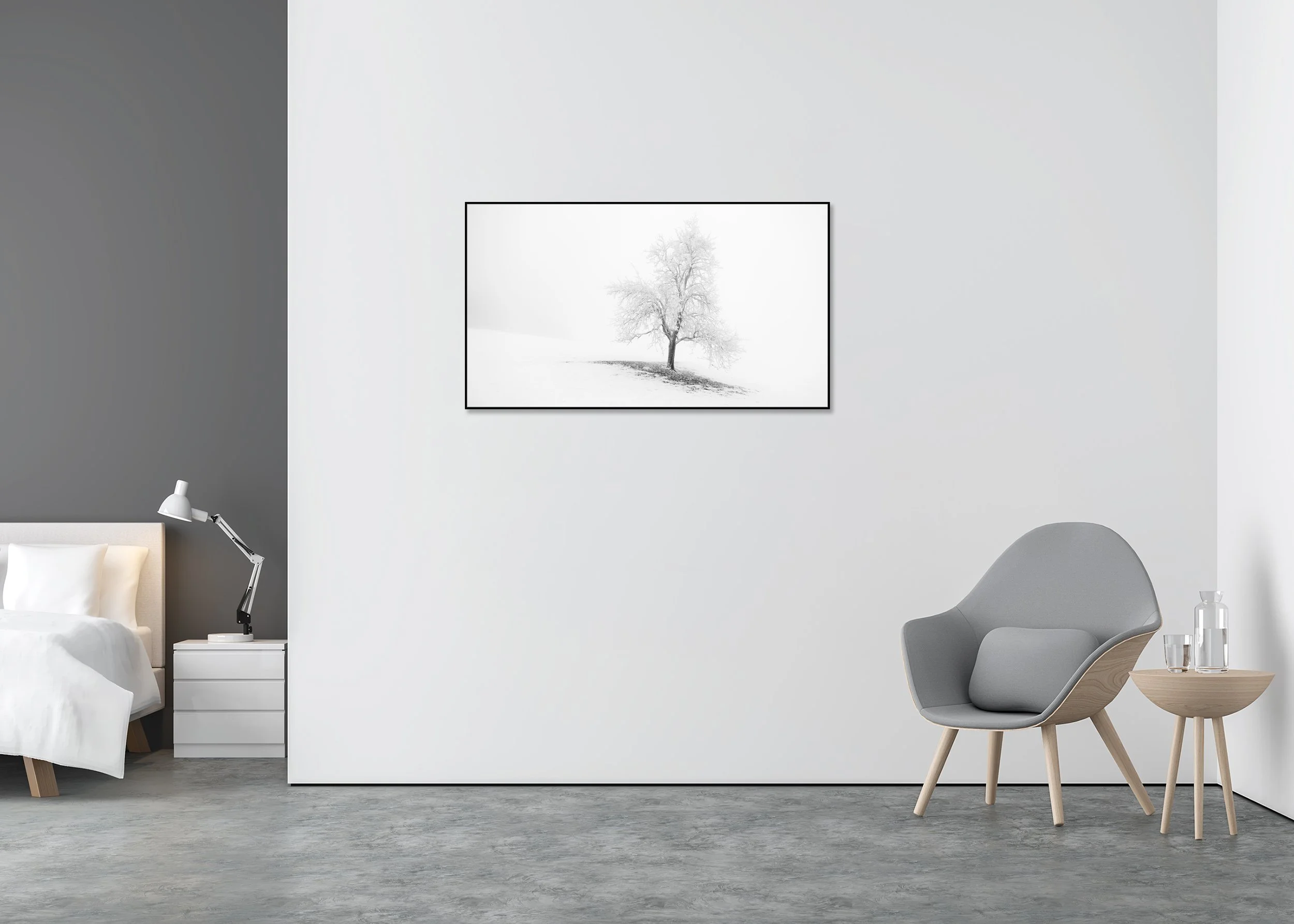 Frosted Winter Tree Panorama – Austria displayed as a black-and-white photo print mounted to Dibond in an aluminium ArtBox