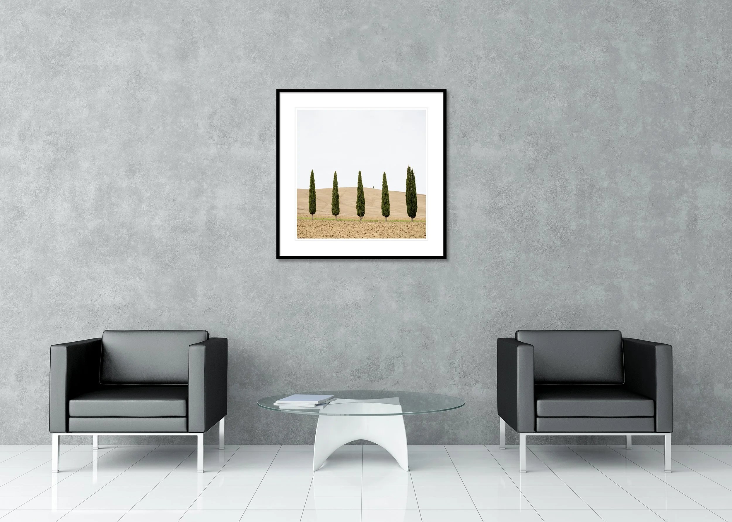 Harvest Field with Cypresses – Tuscany, Italy, archival colour pigment print in a classic frame with white mount.