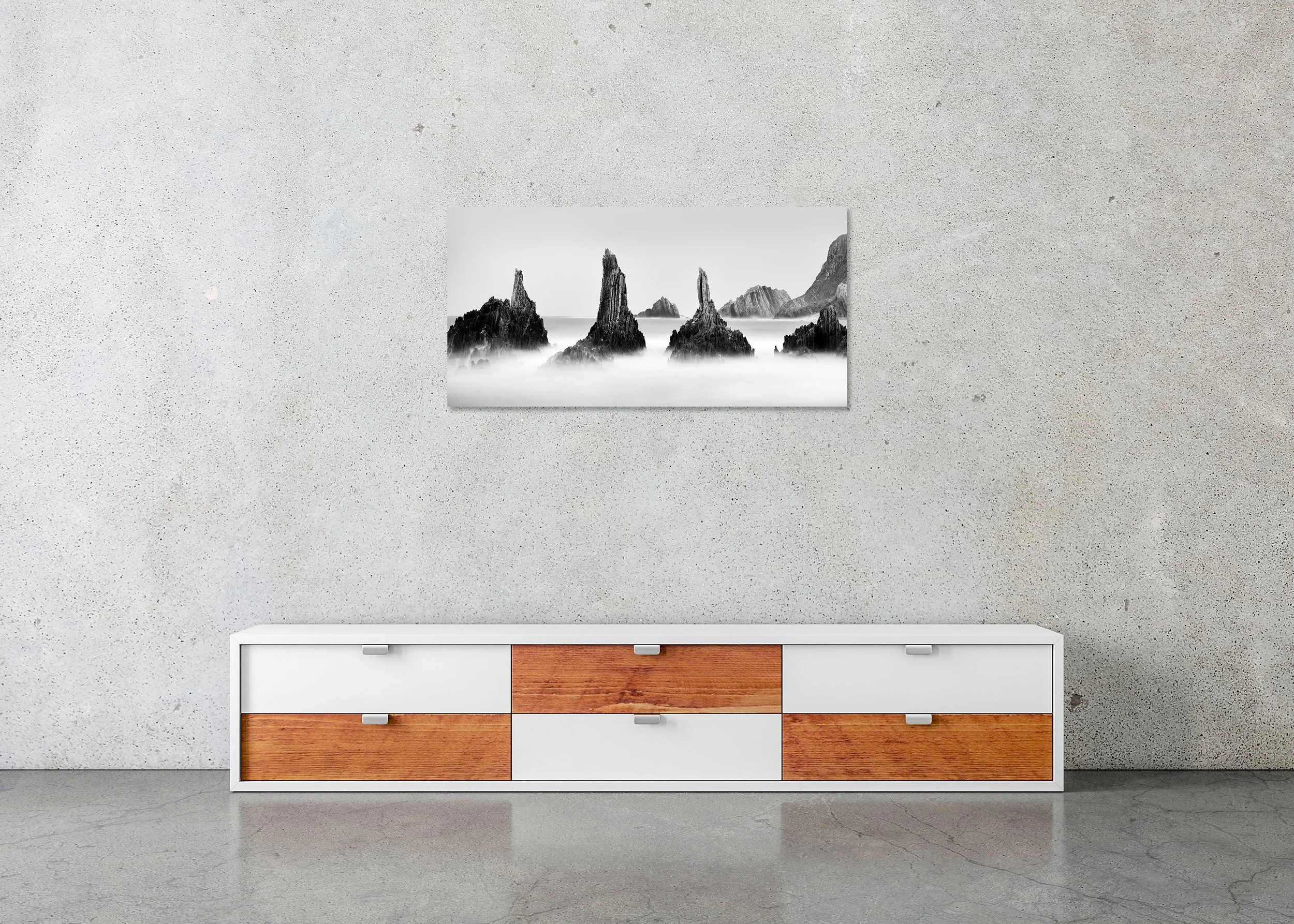 Rocky Peaks Panorama Study 5 – Spain displayed as a frameless black-and-white photo print mounted on Dibond.