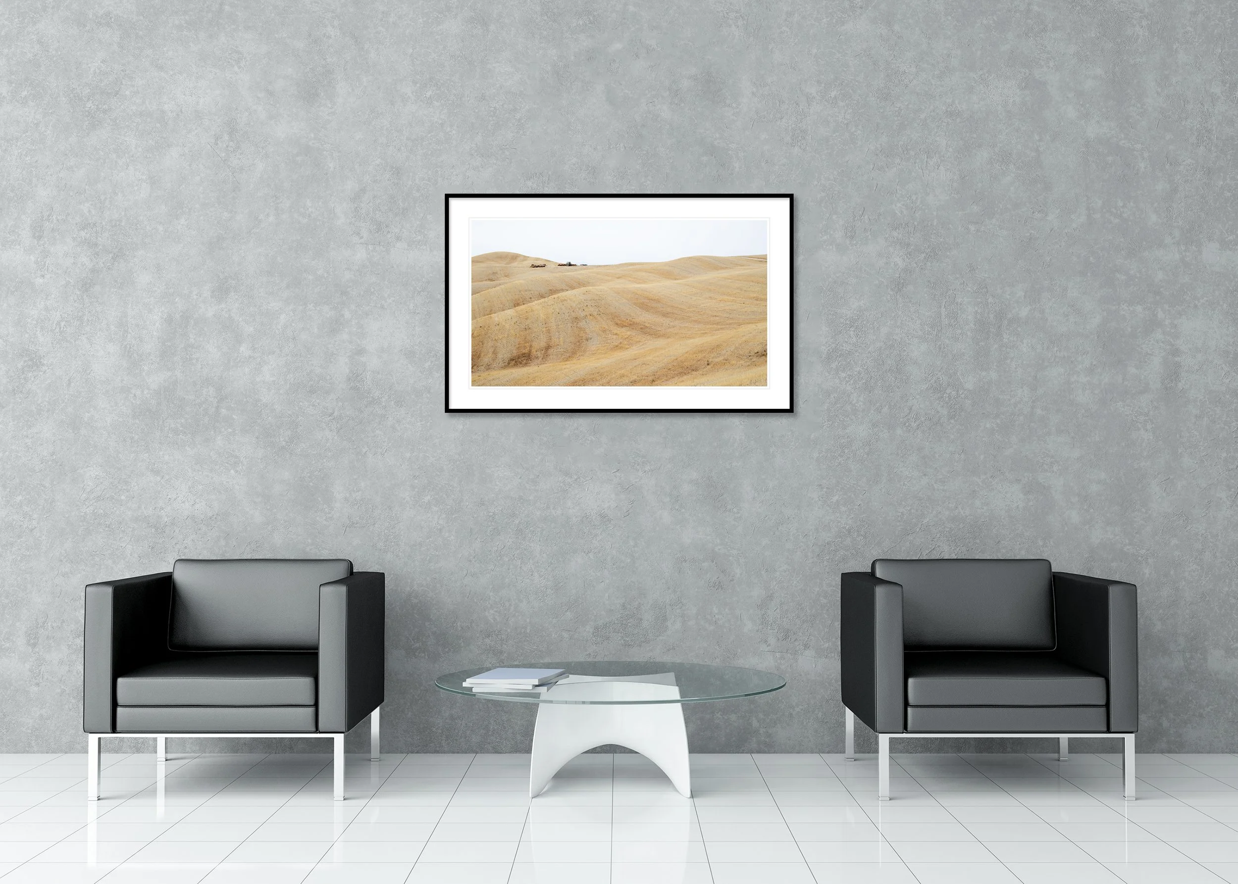 Rolling Hills Study 1 displayed in a modern interior as an archival pigment print in an aluminium frame with white mount by Gerald Berghammer.