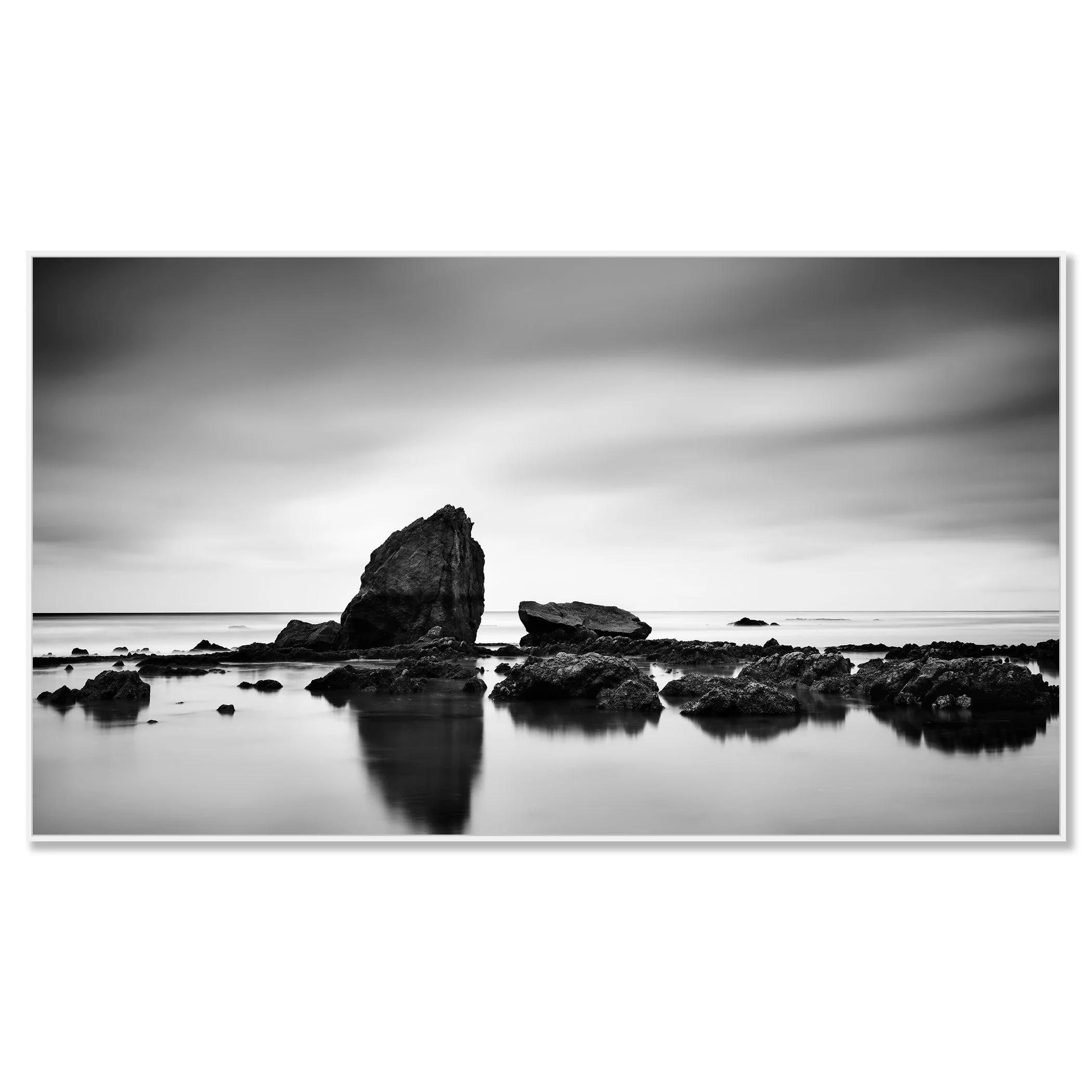 Beach Rock Panorama Study 2 – France, black-and-white photograph in a white aluminium ArtBox frame