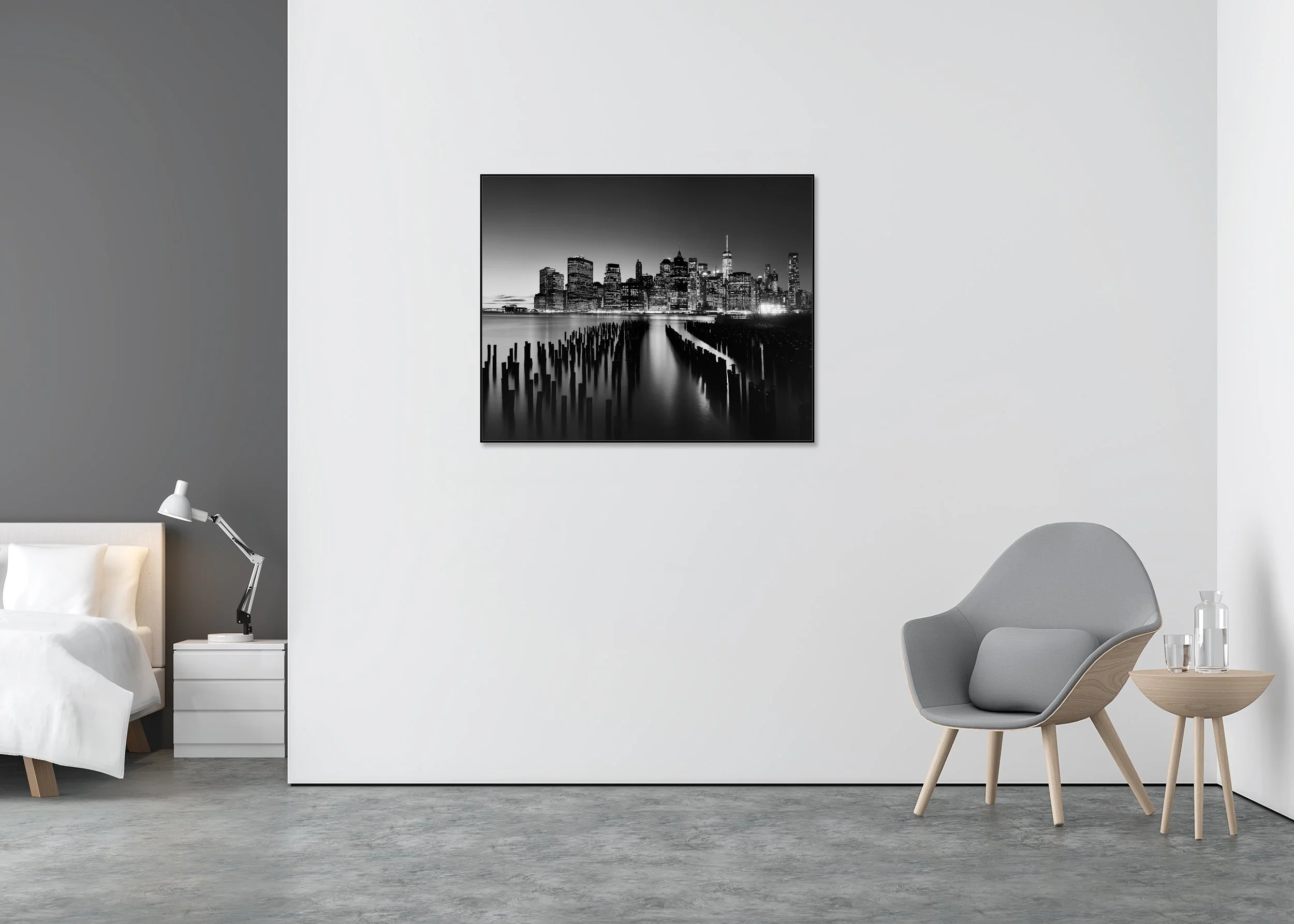 Manhattan Skyline Study 1 by Gerald Berghammer displayed in a black aluminium ArtBox in a modern interior.