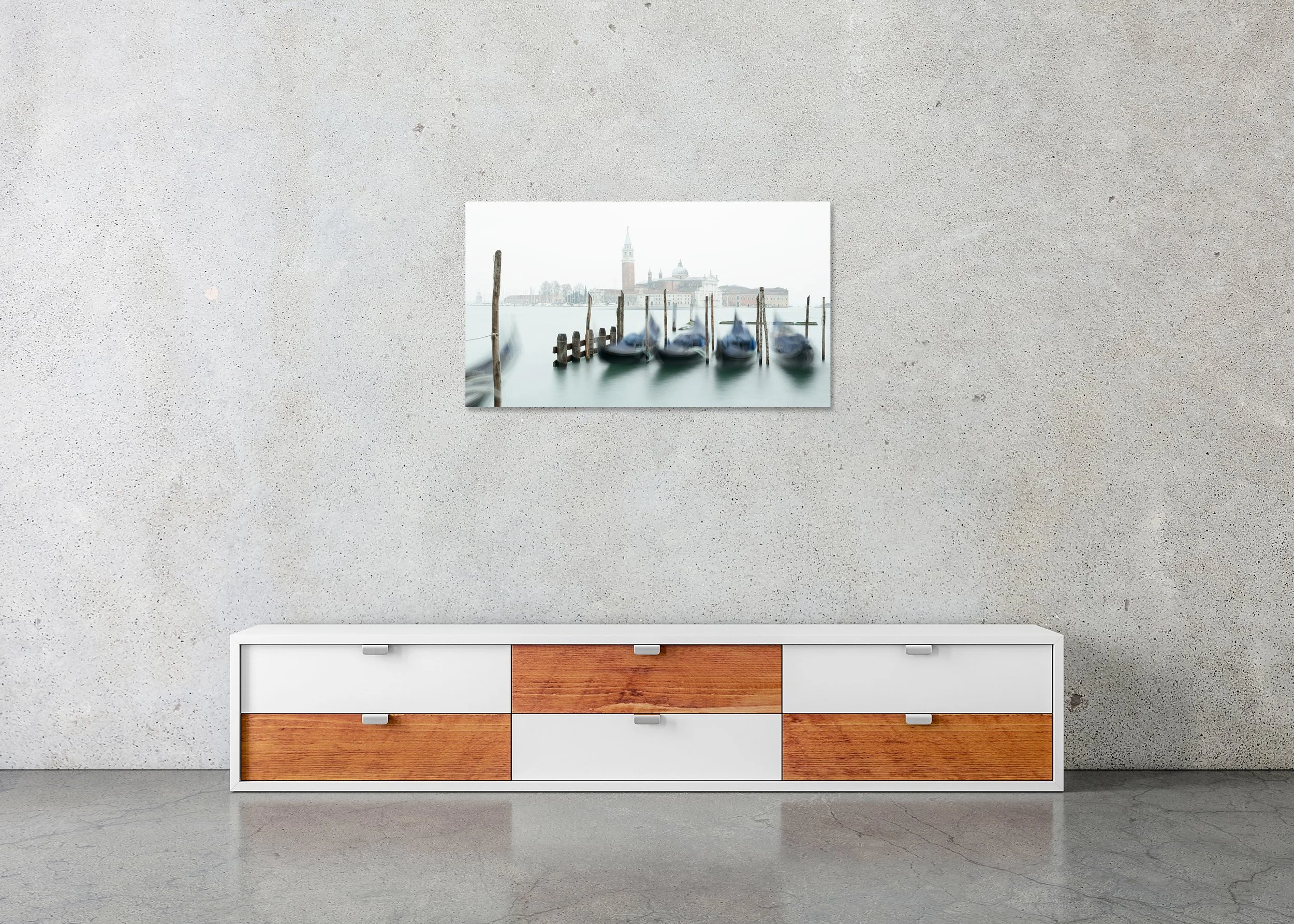 Gondolas and the Church of San Giorgio Maggiore – Venice, frameless colour photograph on aluminium Dibond.