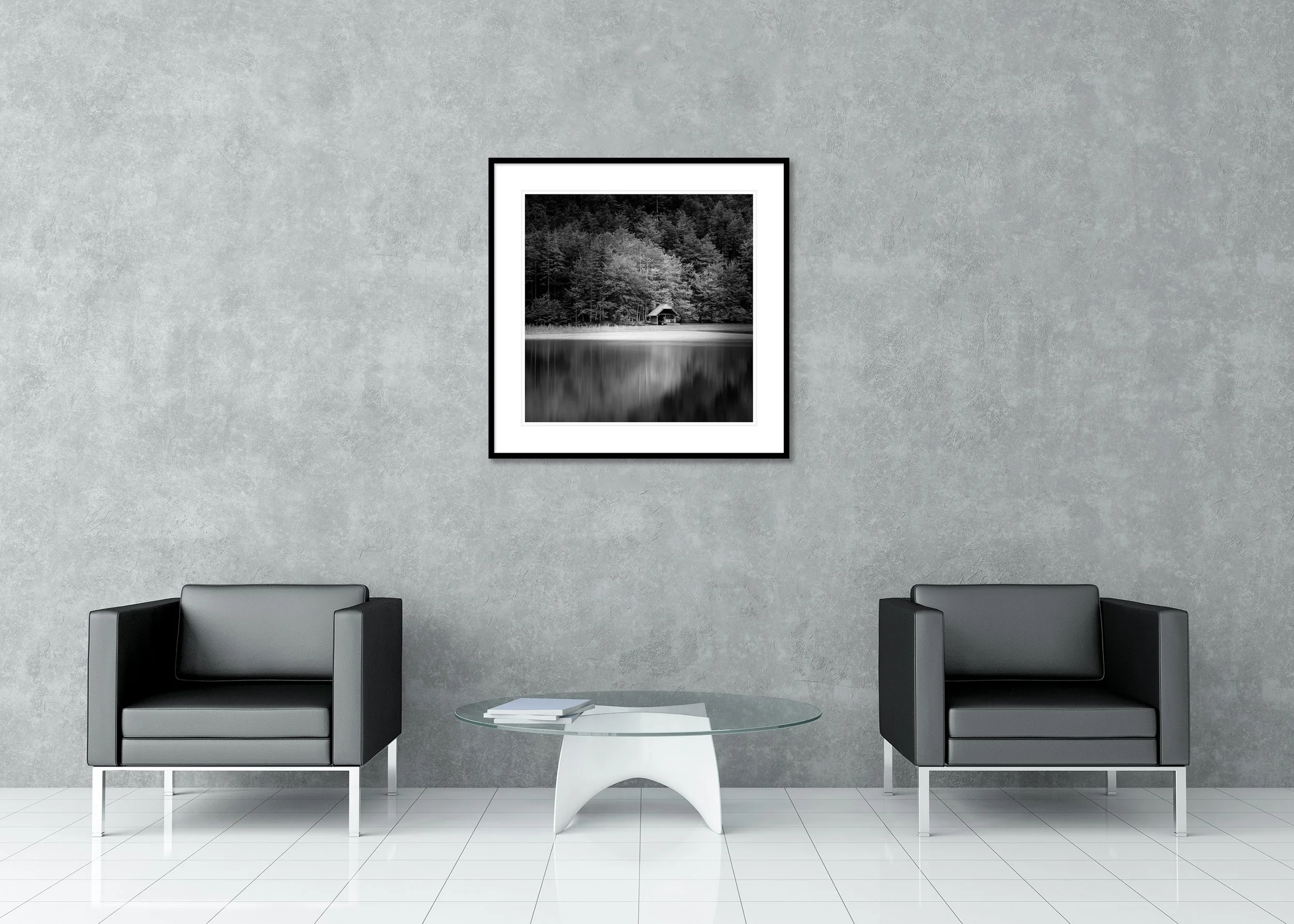 Wooden Boathouse, Study 2 displayed in a modern interior as an archival pigment print in a black aluminium frame with a white mount by Gerald Berghammer.