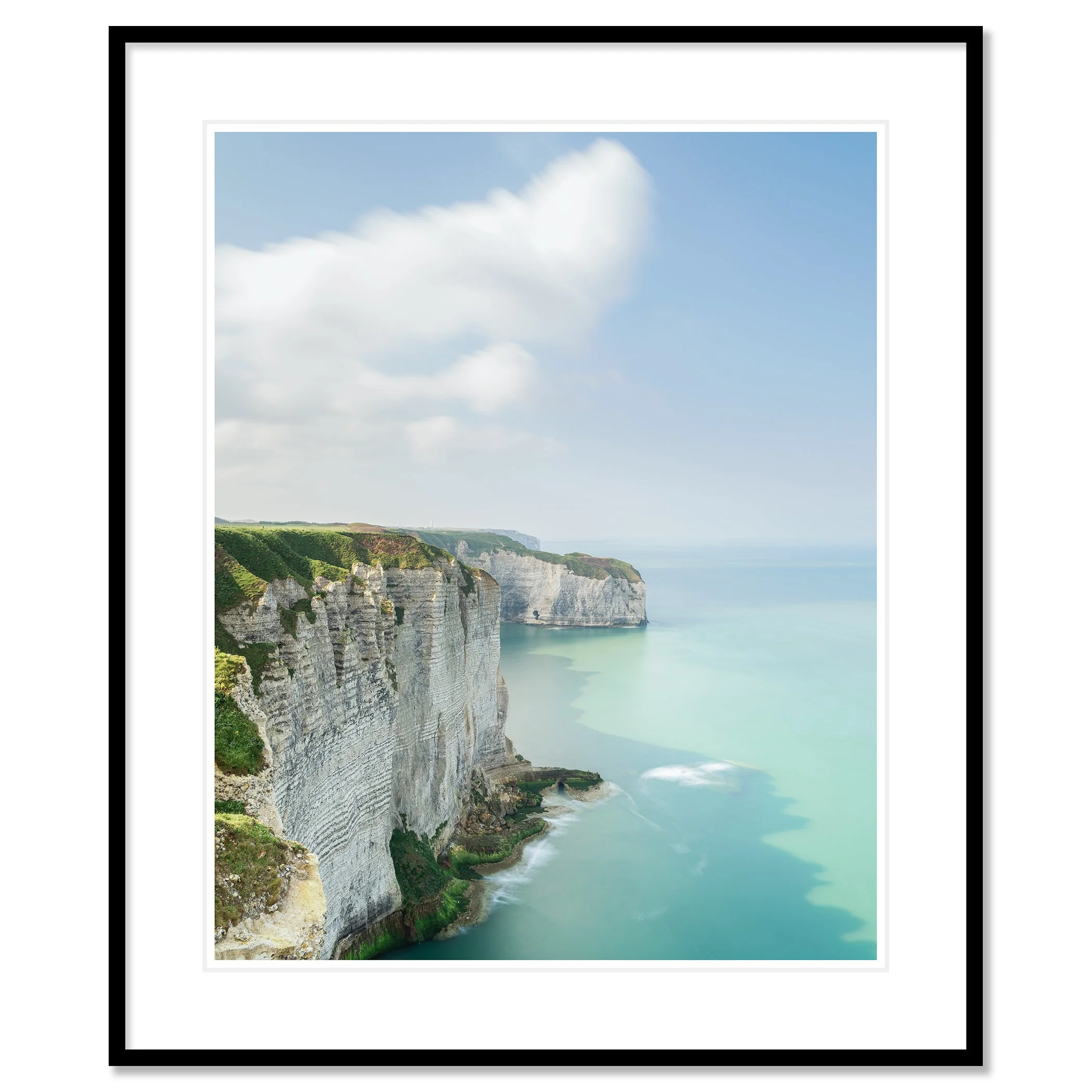 White Cliffs of Étretat Study 2 shown as an archival pigment print in a black aluminium frame with a white mount.