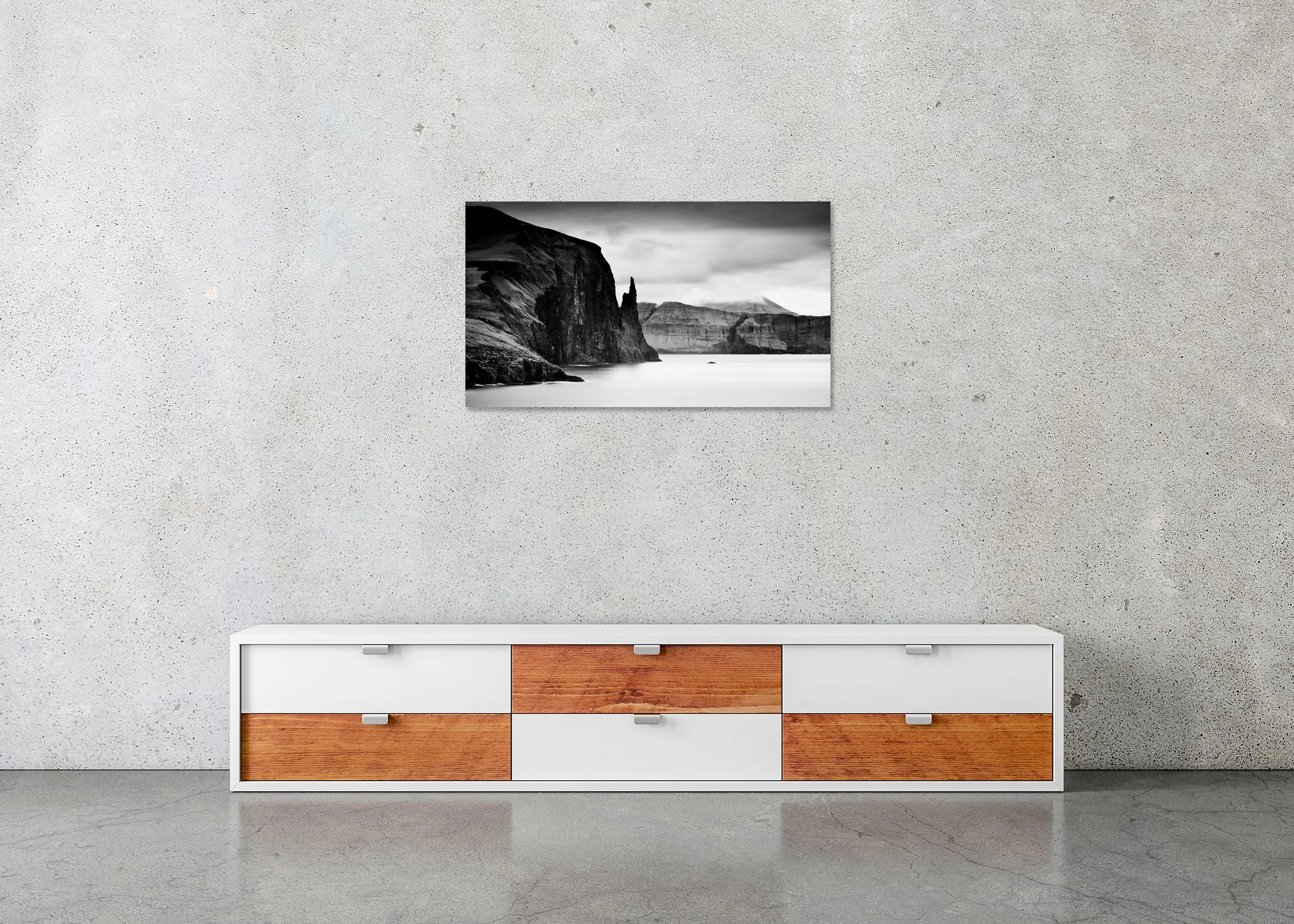 Trøllkonufingur Monolith Panorama – Faroe Islands, black-and-white photo print mounted to Dibond, frameless