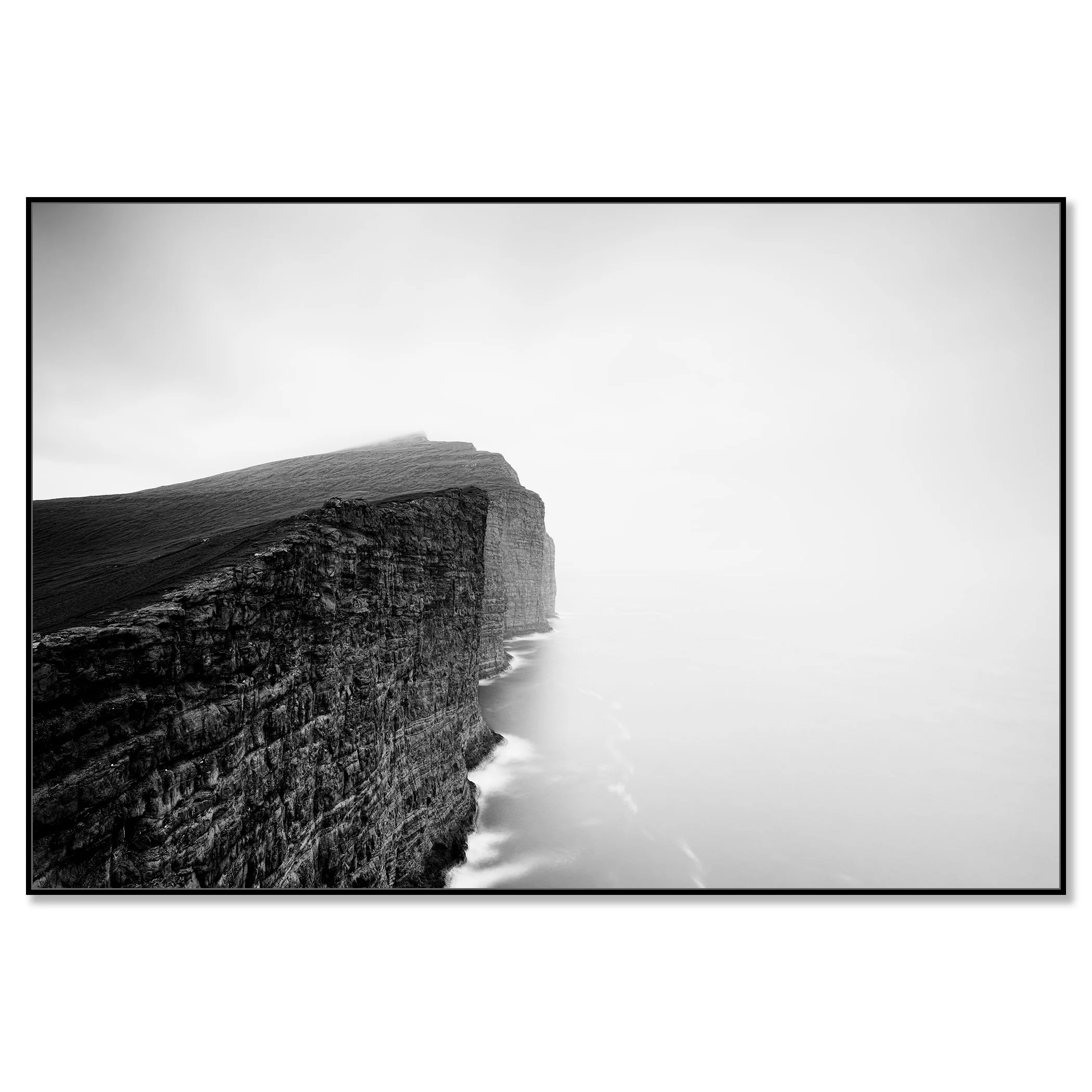 Foggy Slave Cliff Study 2, Faroe Islands, black-and-white photo print on Dibond in black aluminium ArtBox