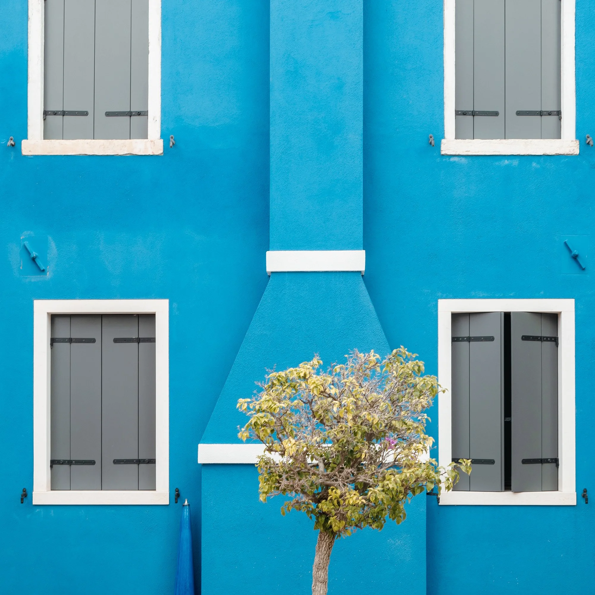 © 2025 Gerald Berghammer - Color cityscape photo. Colorful row houses with a prominent blue house in the center, potted small trees in front, and a paved courtyard. Print detail 3