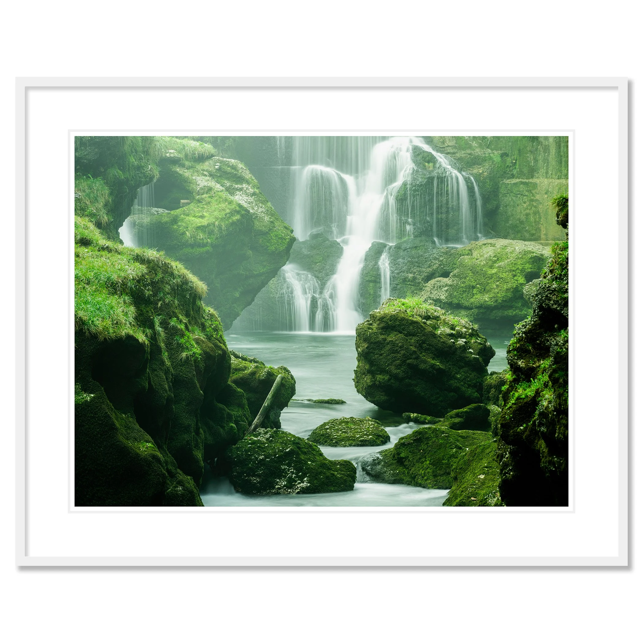 Moss-Covered Waterfall Study 1 presented in a white aluminium frame with a white mount and anti-reflective glass by Gerald Berghammer.