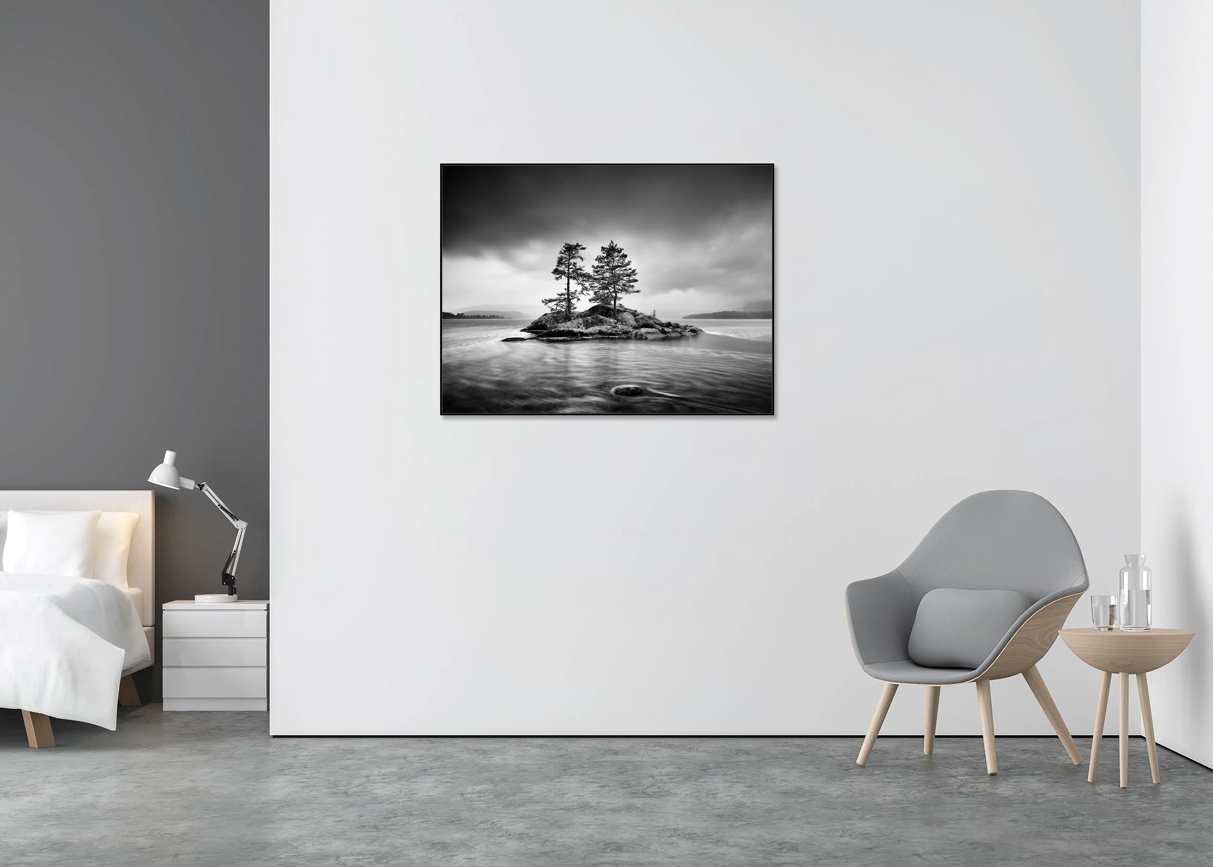Trees on Rocky Island Study 1 – Norway, black-and-white fine art photo print mounted to Dibond in an aluminium ArtBox