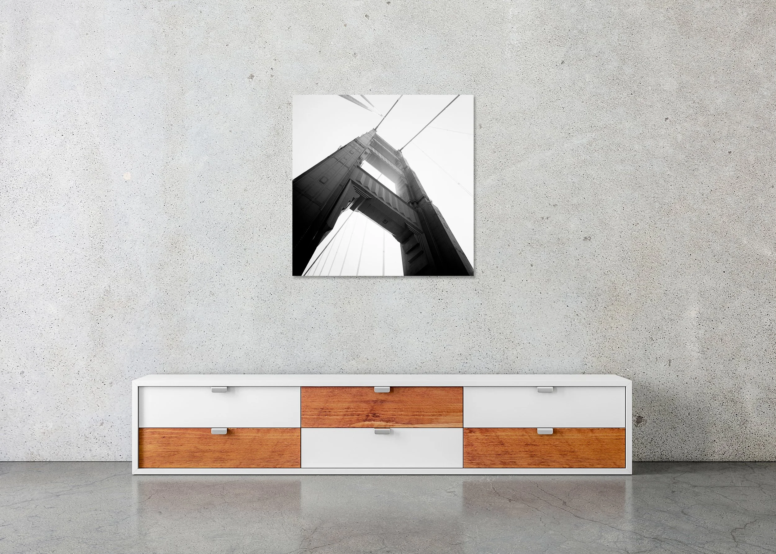 Golden Gate Study 2 by Gerald Berghammer displayed in a contemporary interior as a frameless Dibond artwork.