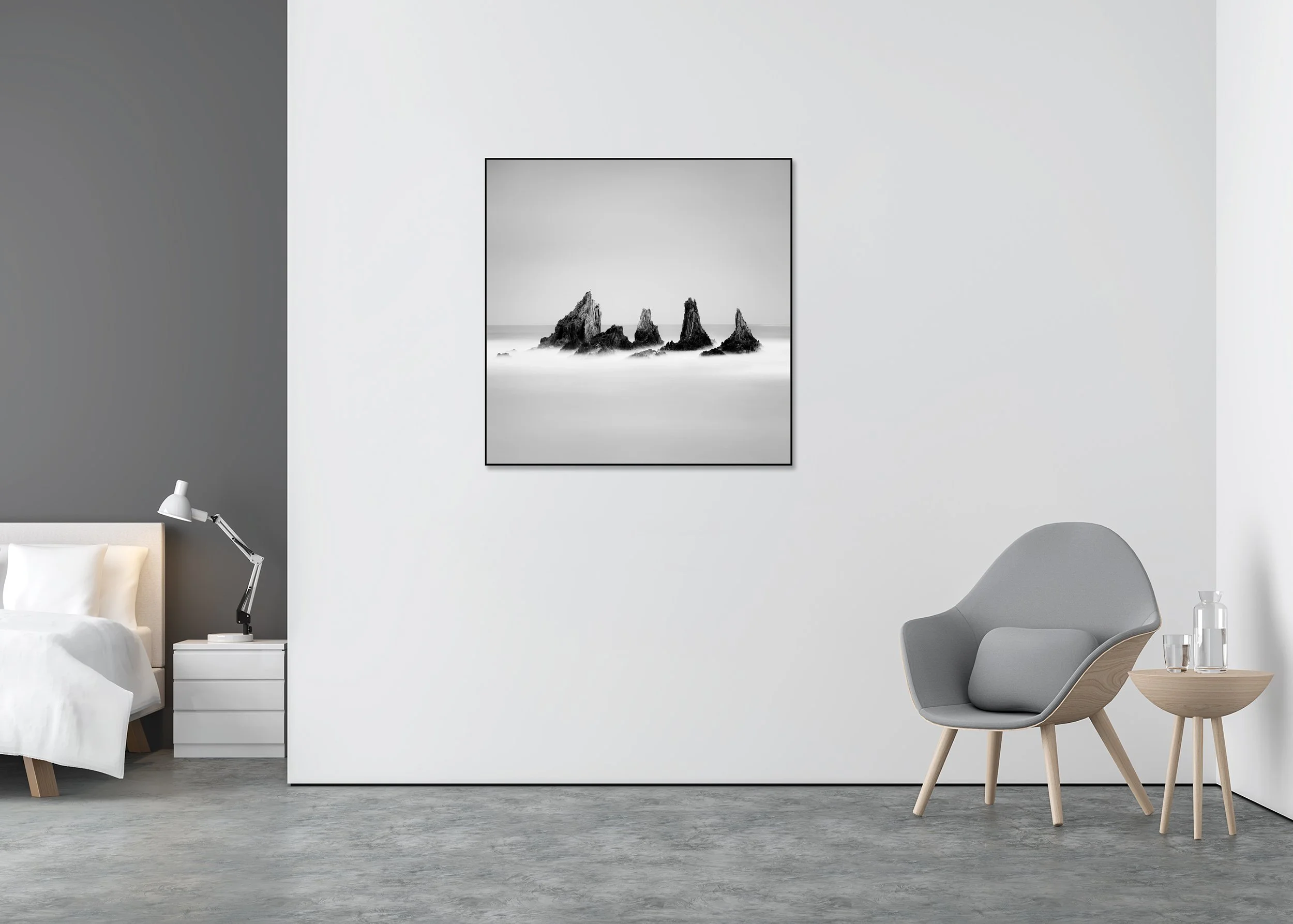 Rocky Peaks Study 1 displayed in a modern interior, mounted on aluminium Dibond in a black ArtBox frame by Gerald Berghammer.
