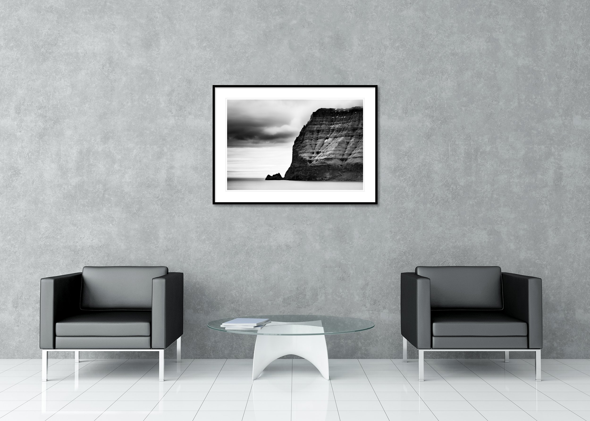 Sea Cliffs Study 2 displayed in a modern interior as an archival pigment print in a black aluminium frame with a white mount. Photo by Gerald Berghammer.