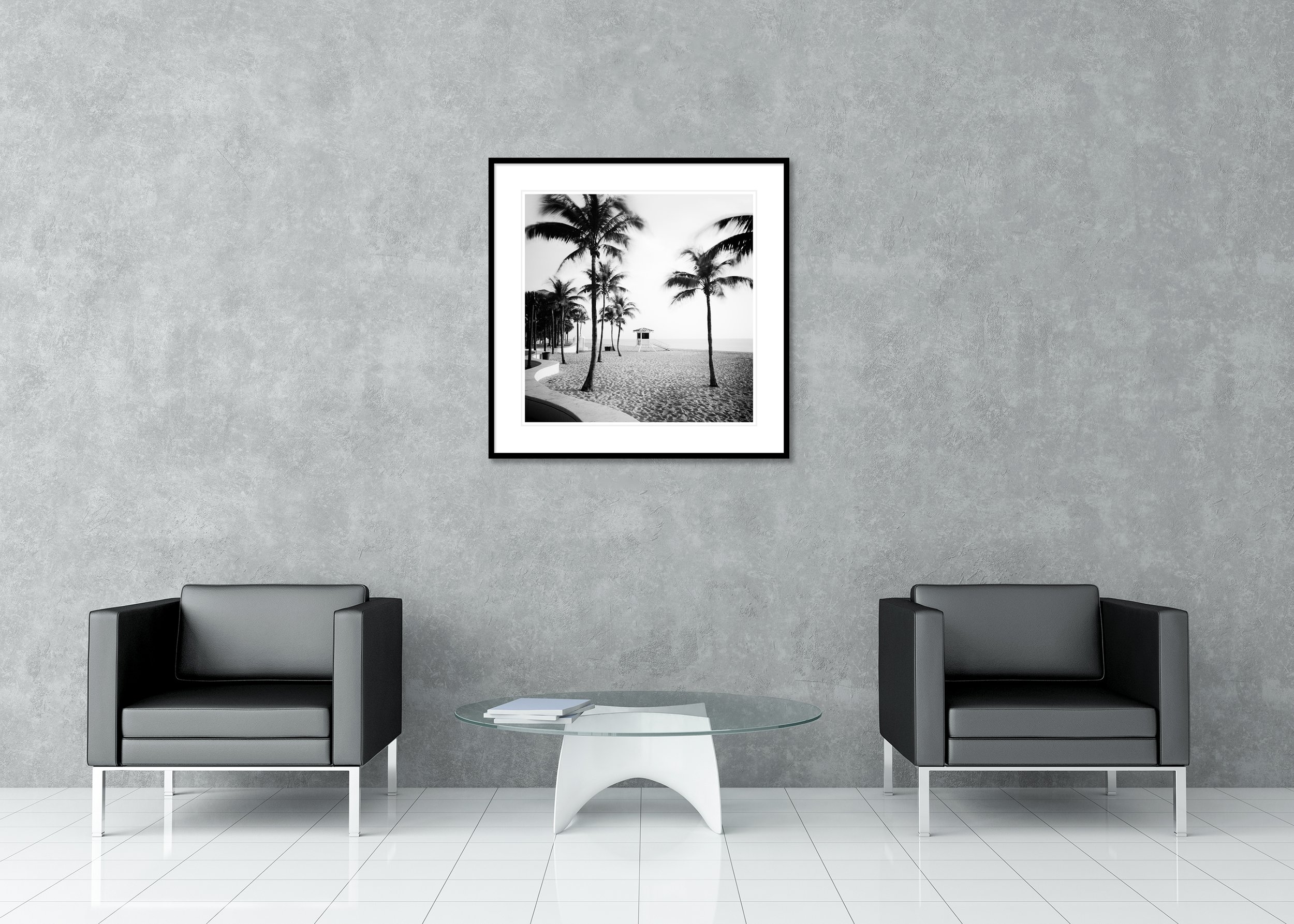 Black and white Florida beach photo with palm trees and a lifeguard tower – archival pigment print in a classic frame with mount.