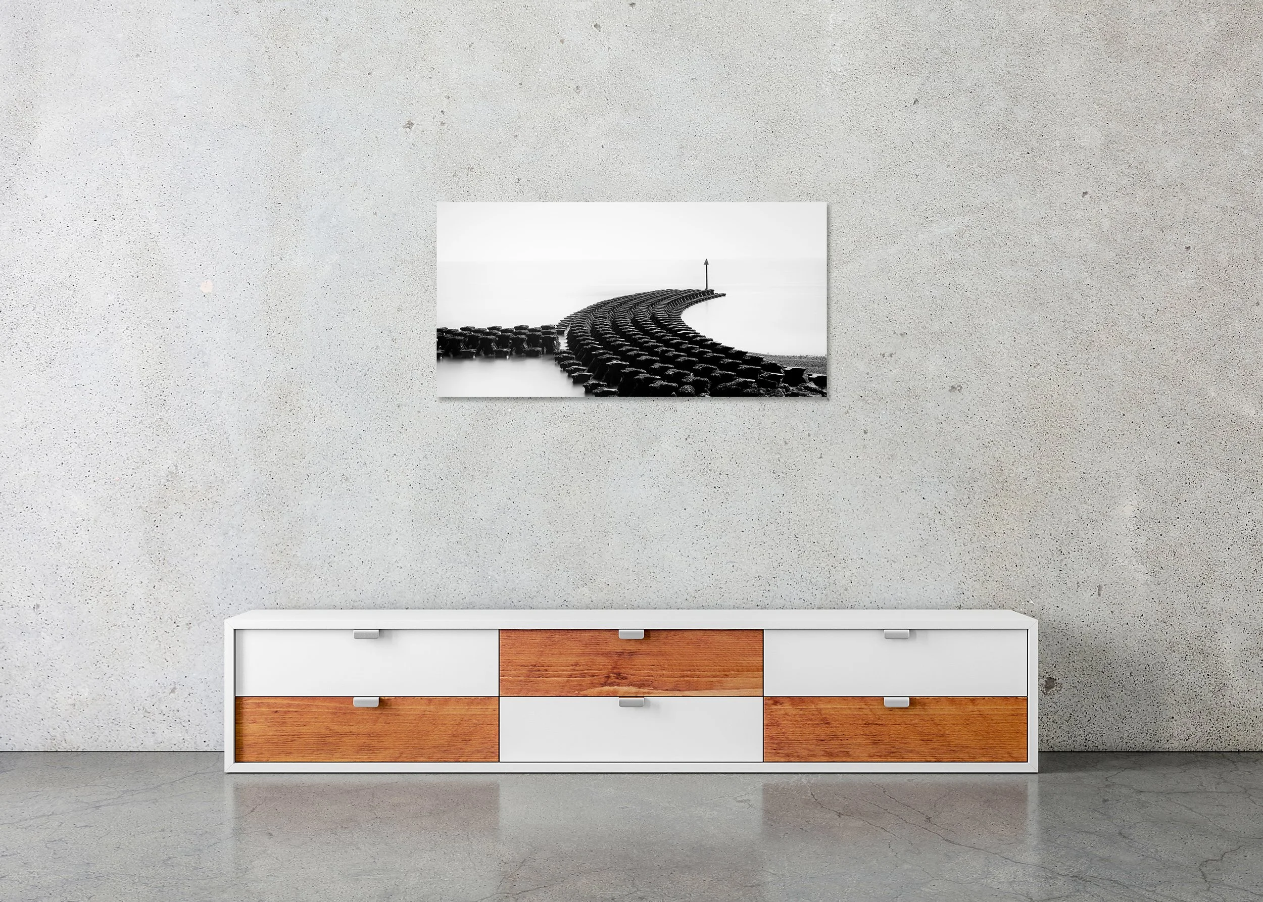 Cobbolds Point Panorama Study 2 displayed in a modern interior as a frameless black-and-white artwork mounted on aluminium Dibond. Photo by Gerald Berghammer.