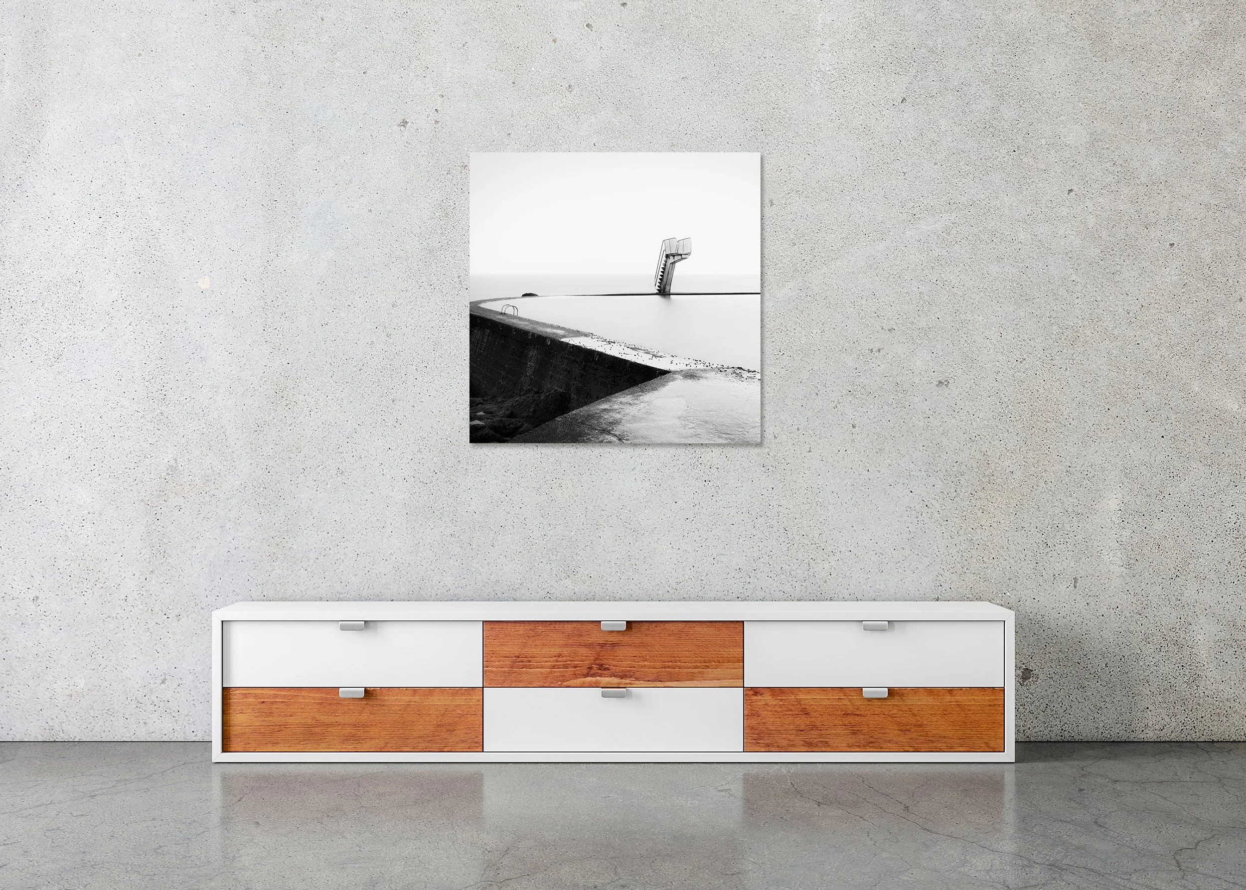 Diving Platform Study 3 displayed in a modern interior as a frameless black-and-white aluminium Dibond print by Gerald Berghammer.