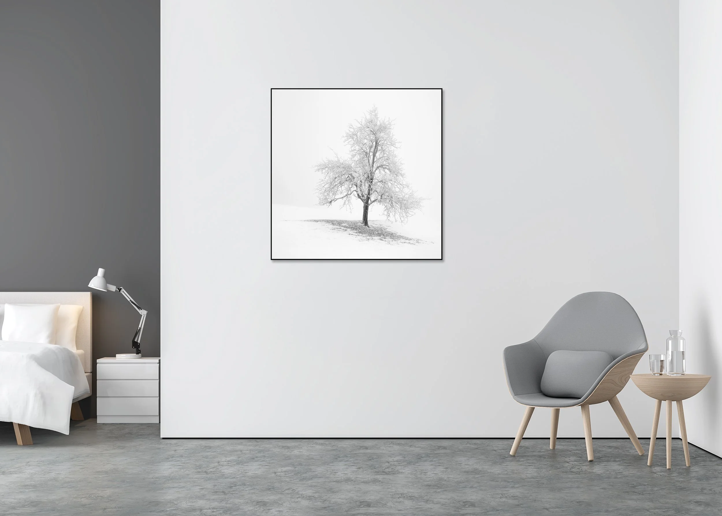 Frosted Winter Tree – Austria displayed in a minimalist bedroom interior, mounted on aluminium Dibond in a black ArtBox frame by Gerald Berghammer.