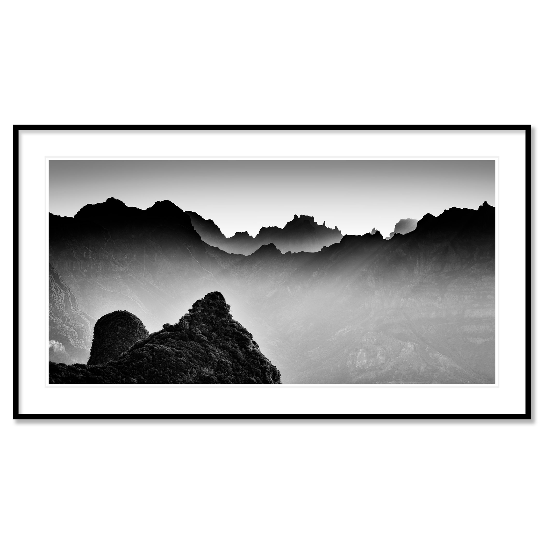 Morning Light in the Mountains Study 3 by Gerald Berghammer in a black aluminium frame with a white mount.
