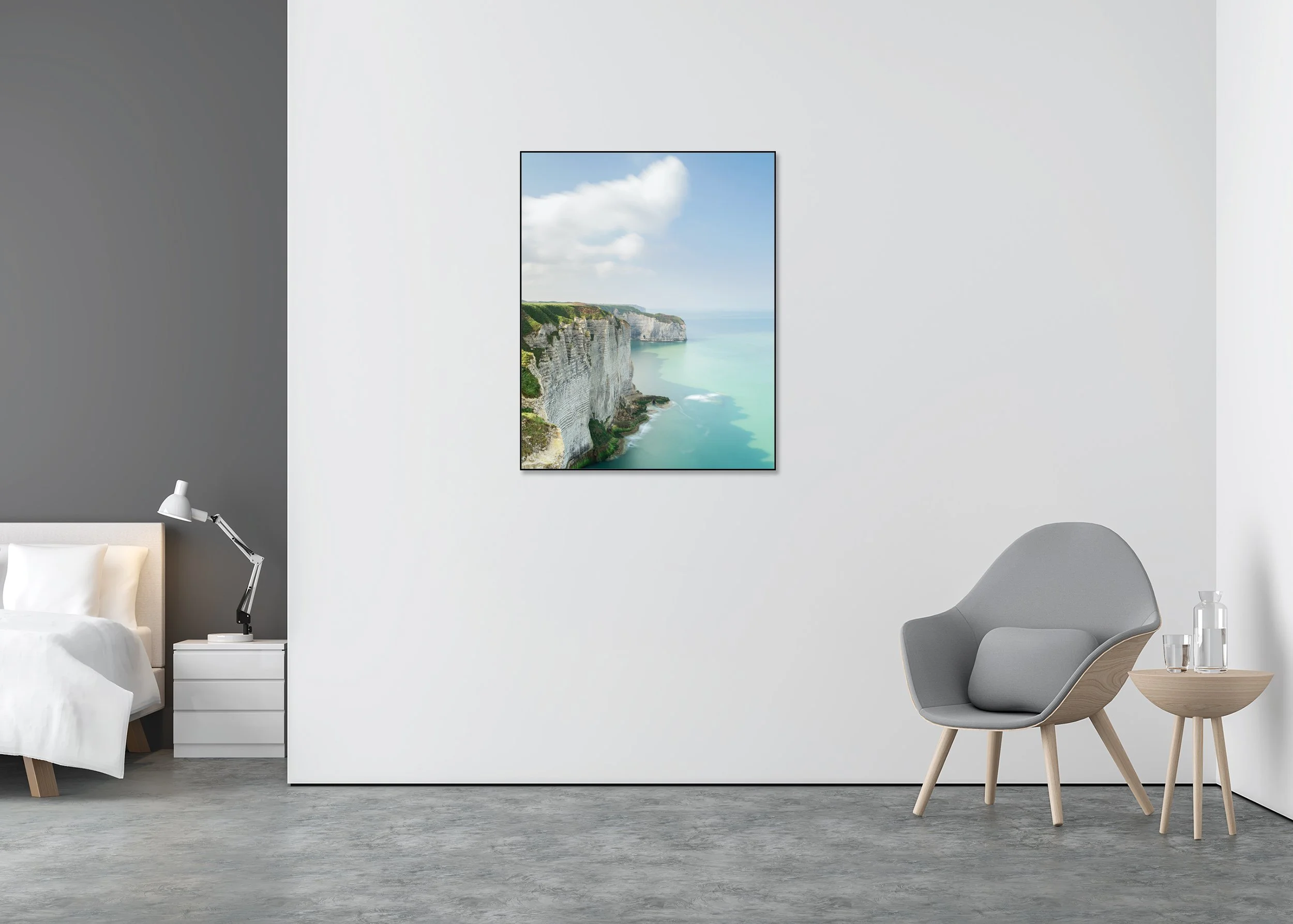 White Cliffs of Étretat Study 2 displayed in a modern bedroom as a Dibond print in a black aluminium ArtBox frame by Gerald Berghammer.