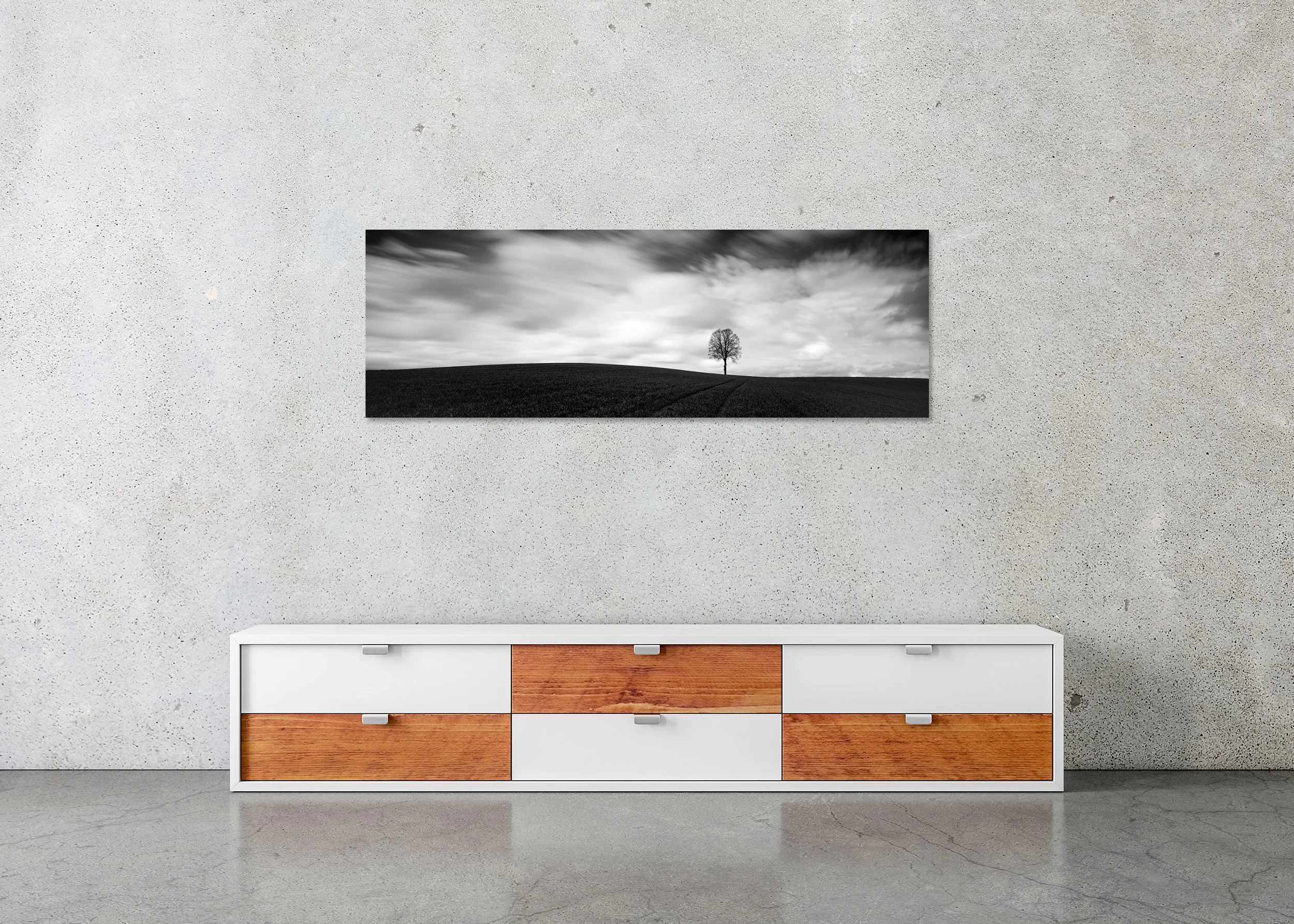 Farmland Panorama Study 1 displayed in a modern interior as a frameless black-and-white artwork mounted on aluminium Dibond by Gerald Berghammer.