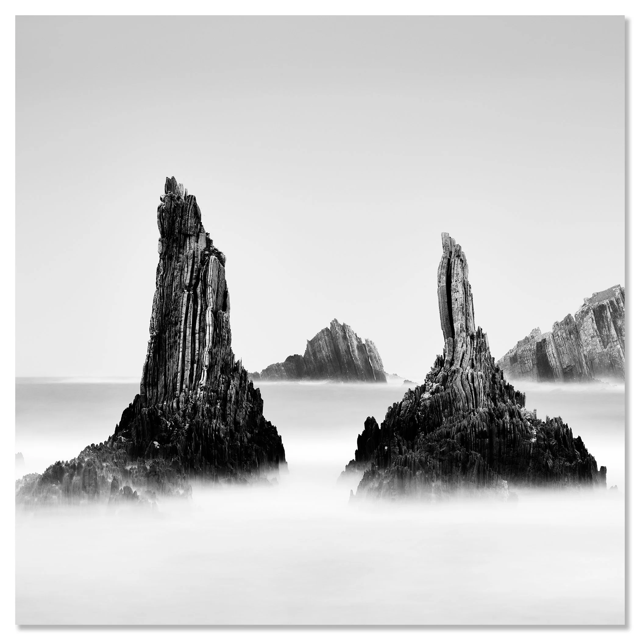 Monochrome minimalist seascape with rocky coastal peaks in Spain – dibond frameless