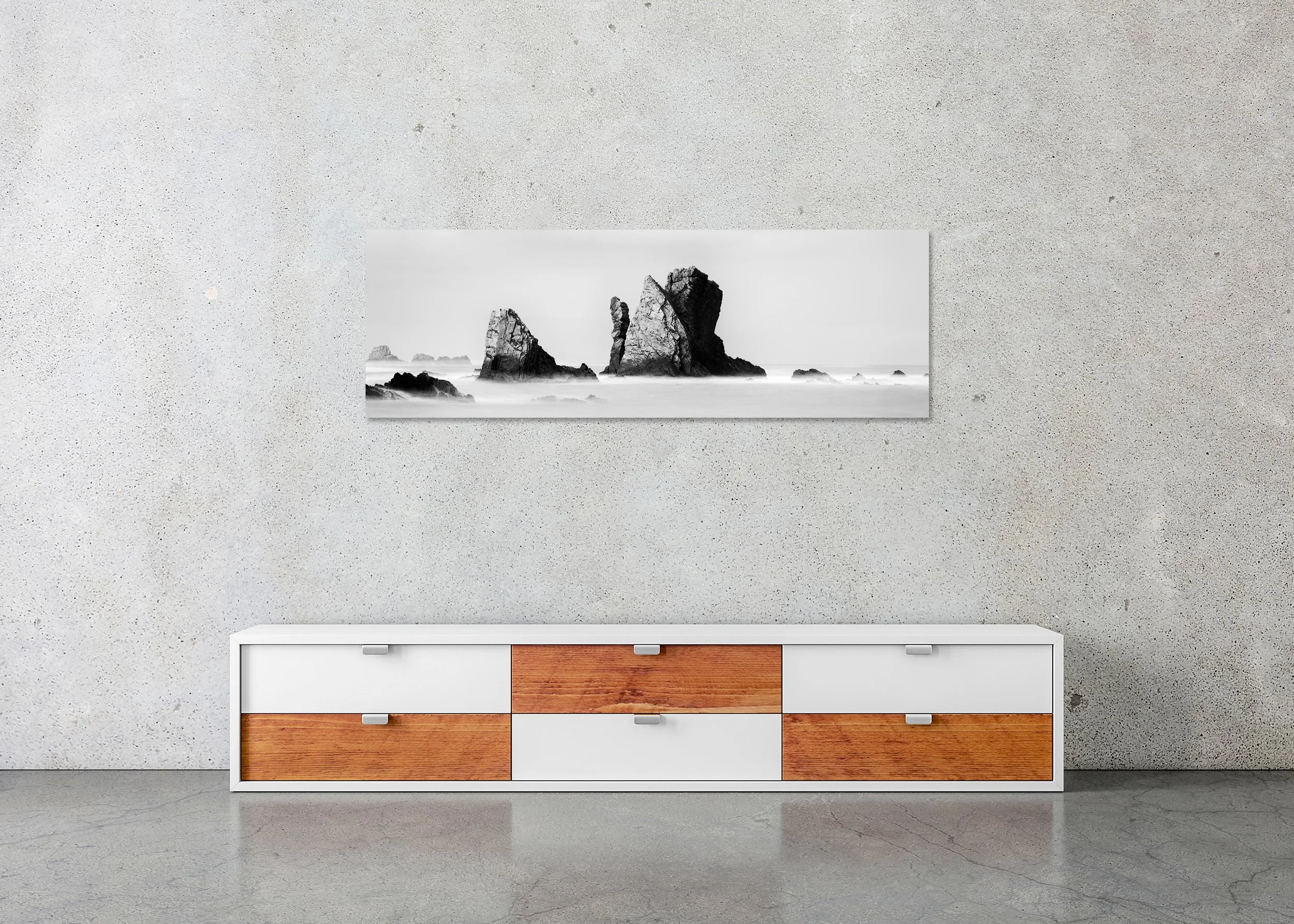 Long exposure black and white coastal landscape with sea stacks and ocean mist, photo print mounted to Dibond, frameless