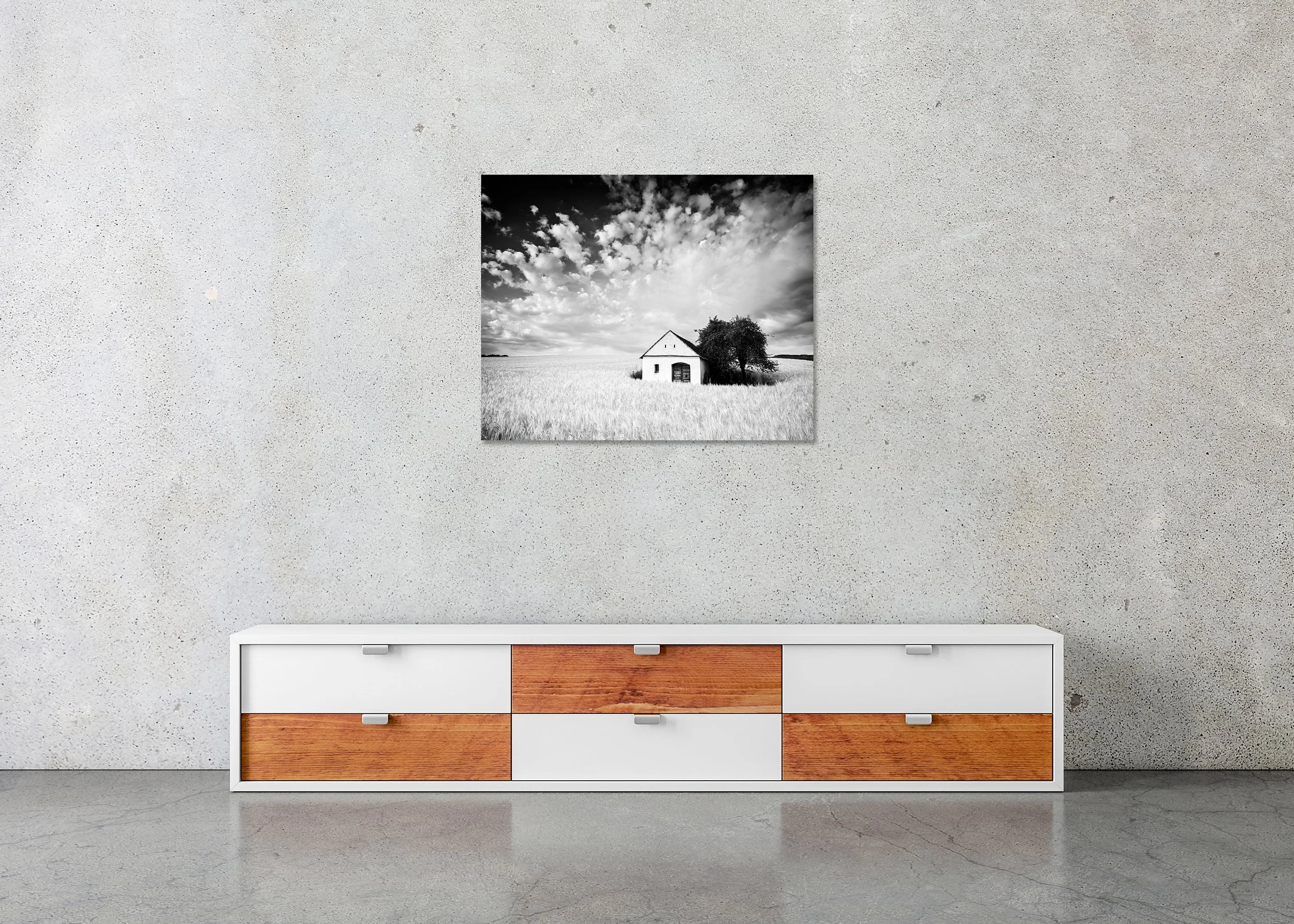 Wine Press House, Study 3 – frameless black-and-white photograph mounted on aluminium Dibond and displayed above a sideboard. Photo by Gerald Berghammer.
