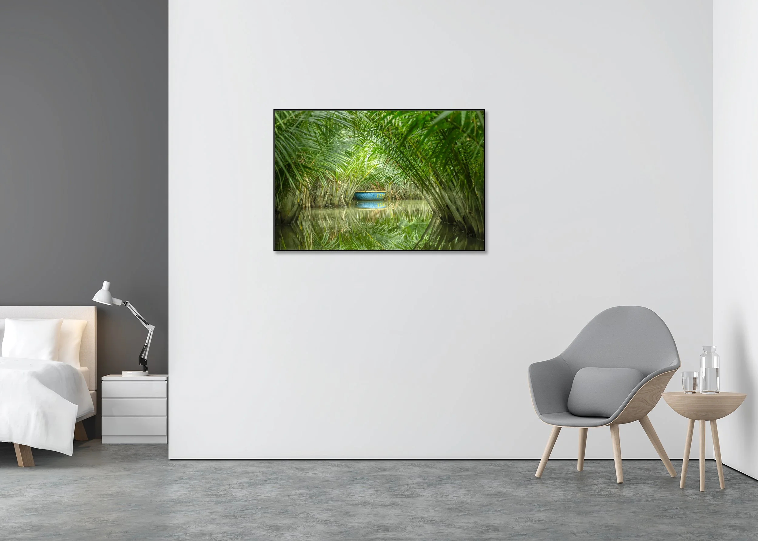 Blue Coconut Boat, Study 1 – Vietnam, colour Dibond print in an aluminium ArtBox displayed in a contemporary interior.