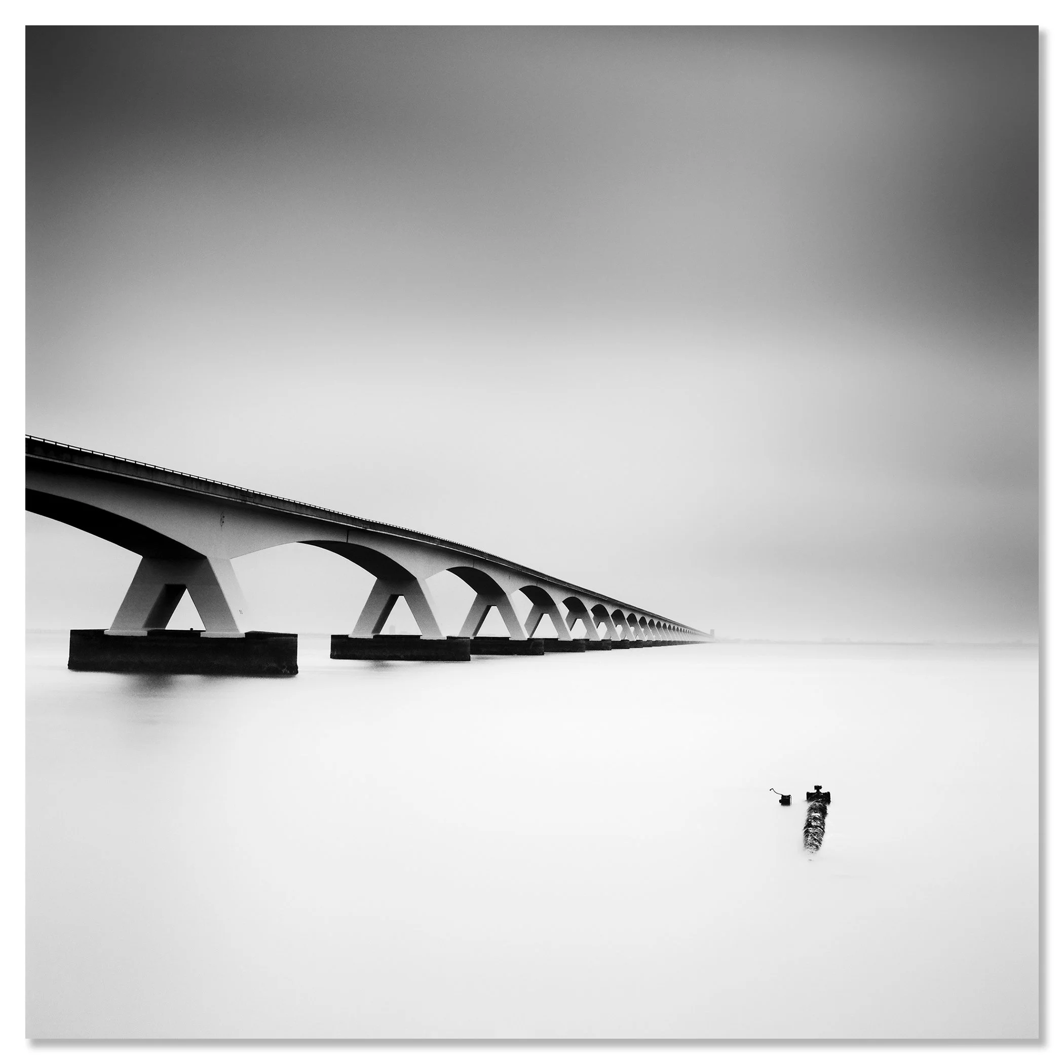 Zeeland Bridge Study 1 presented as a frameless aluminium Dibond print by Gerald Berghammer.
