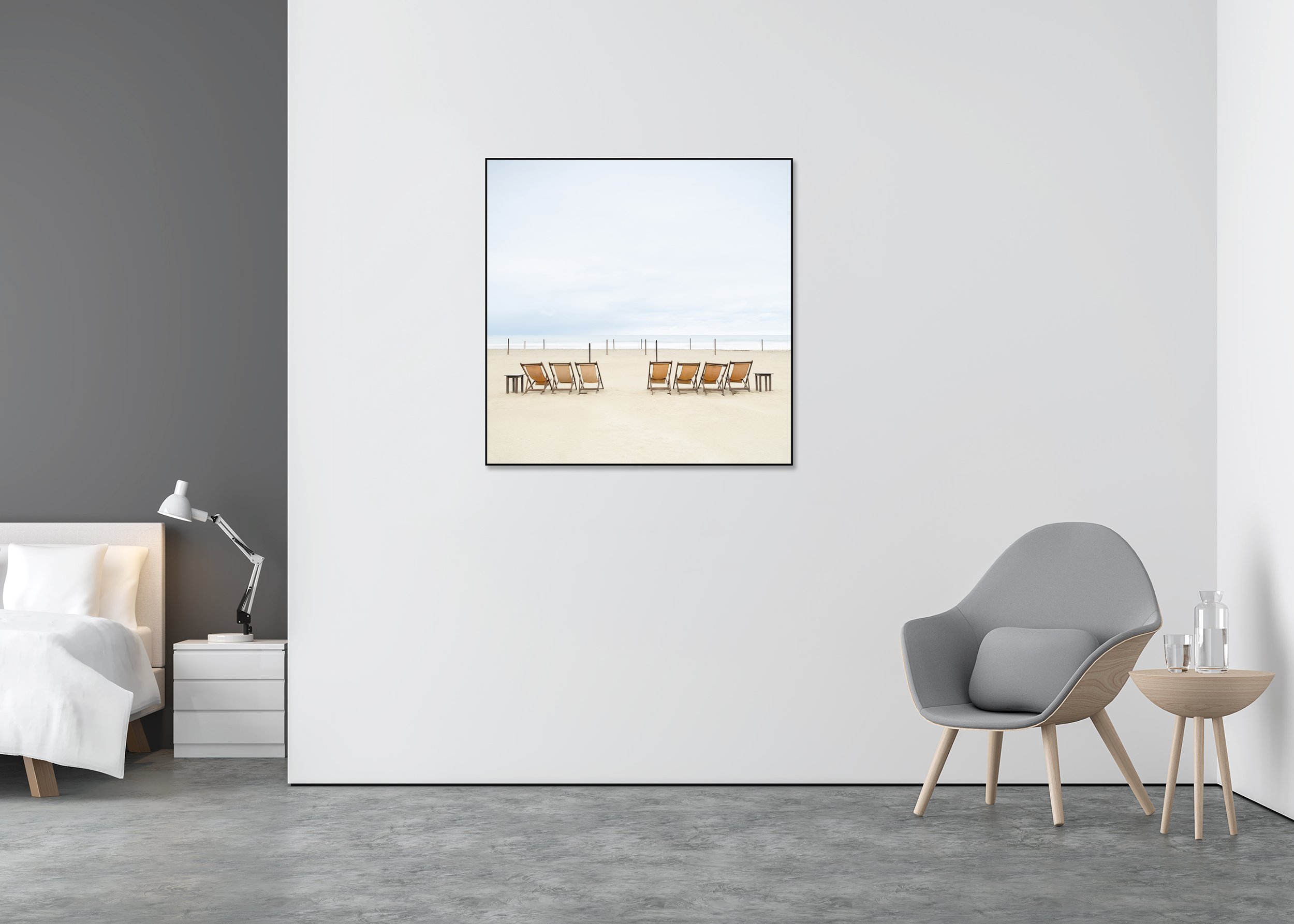 Sun Loungers on the Beach, Study 3 – colour photograph on Dibond in a black aluminium ArtBox displayed in a contemporary interior.