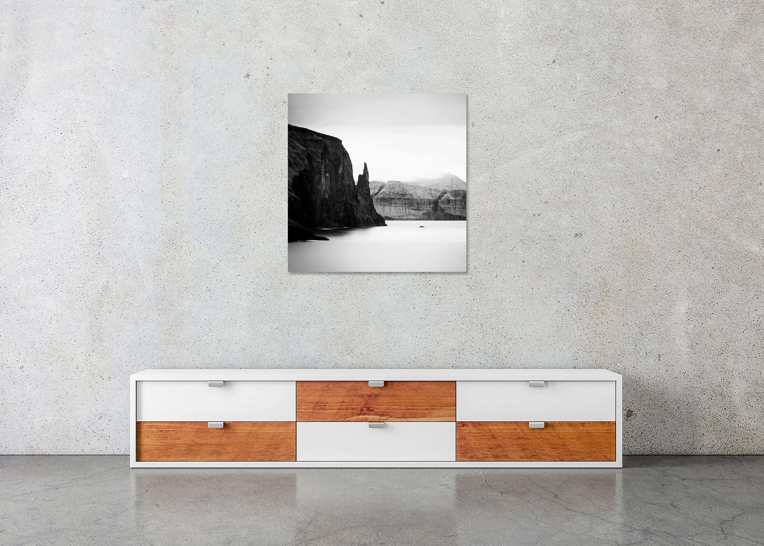 Trøllkonufingur Monolith Study 2 displayed in a modern interior as a frameless black-and-white artwork mounted on aluminium Dibond by Gerald Berghammer.
