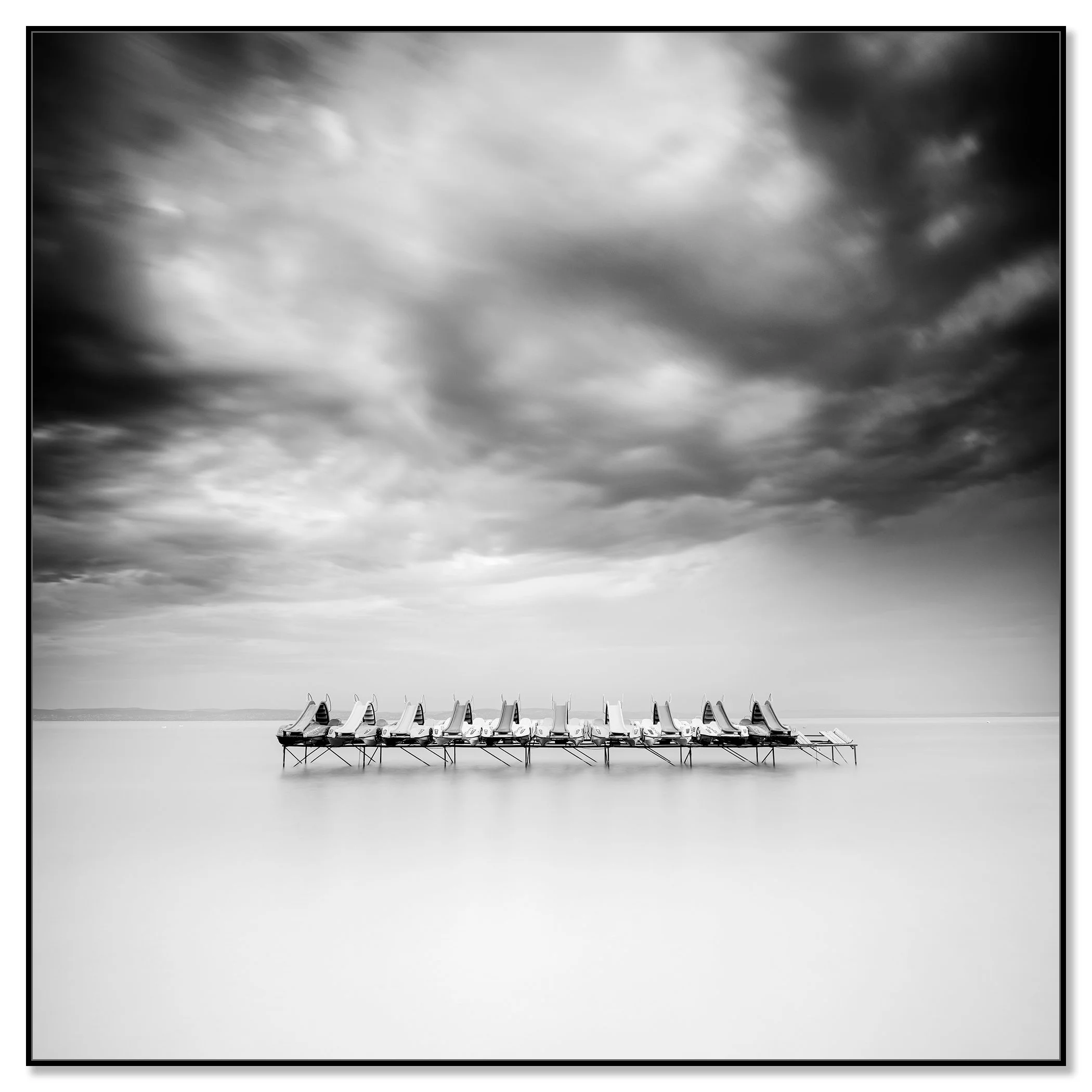Pedal Boat Study 1, Balaton, black-and-white photograph in a black aluminium ArtBox frame