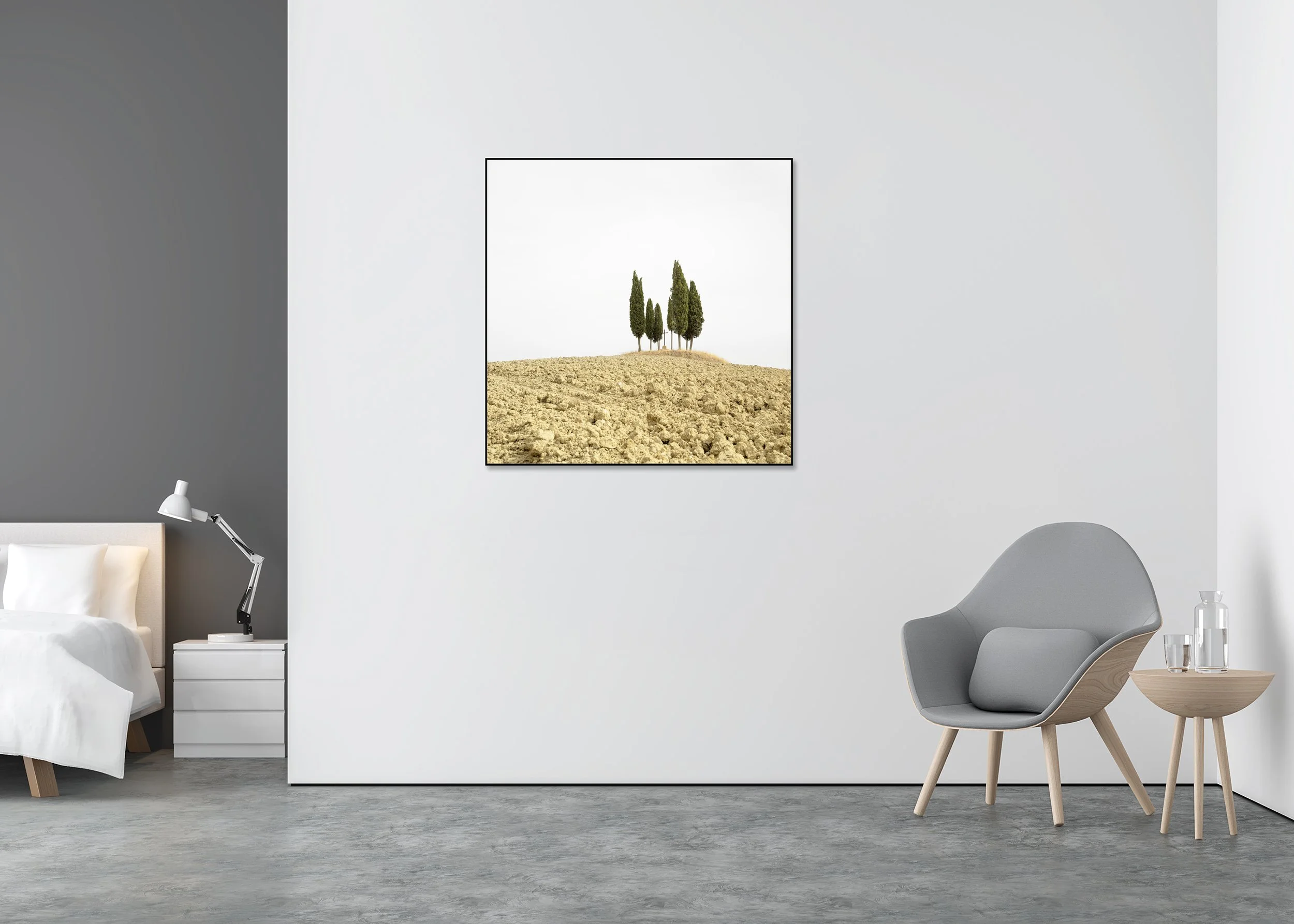 Cypress Tree on a Hill with a Cross displayed in a modern bedroom as a Dibond print in a black aluminium ArtBox frame by Gerald Berghammer.