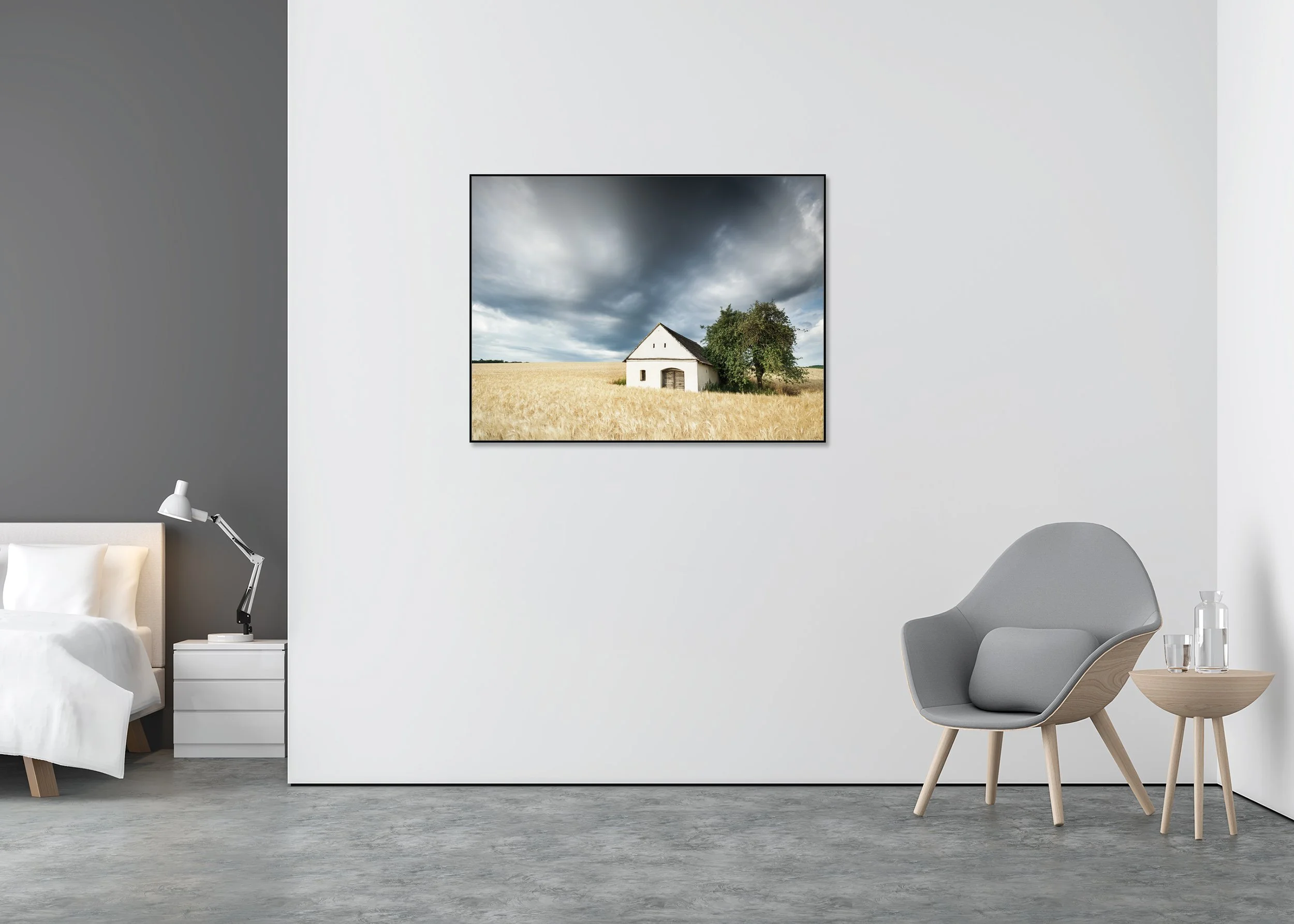 Historic wine press house in a golden field under dramatic overcast sky, photo print mounted on Dibond in aluminium ArtBox