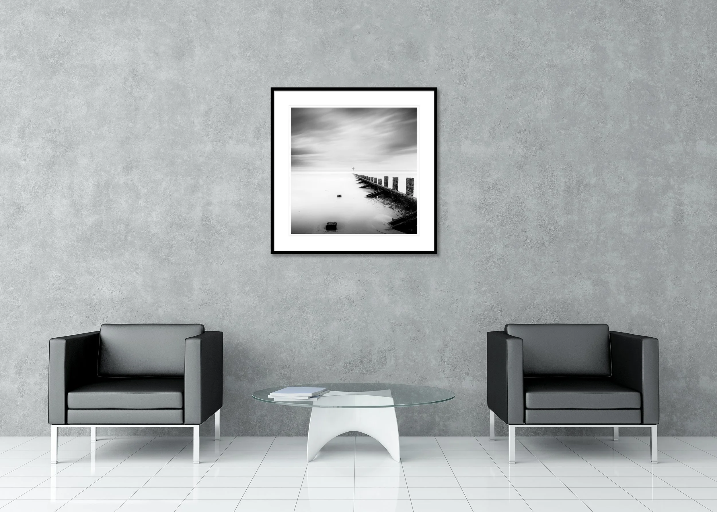 Gerald Berghammer - Pointing the Way, beach landscape, wave breaker, Scotland, Archival pigment print, aluminium frame, passe-partout, anti reflex glass