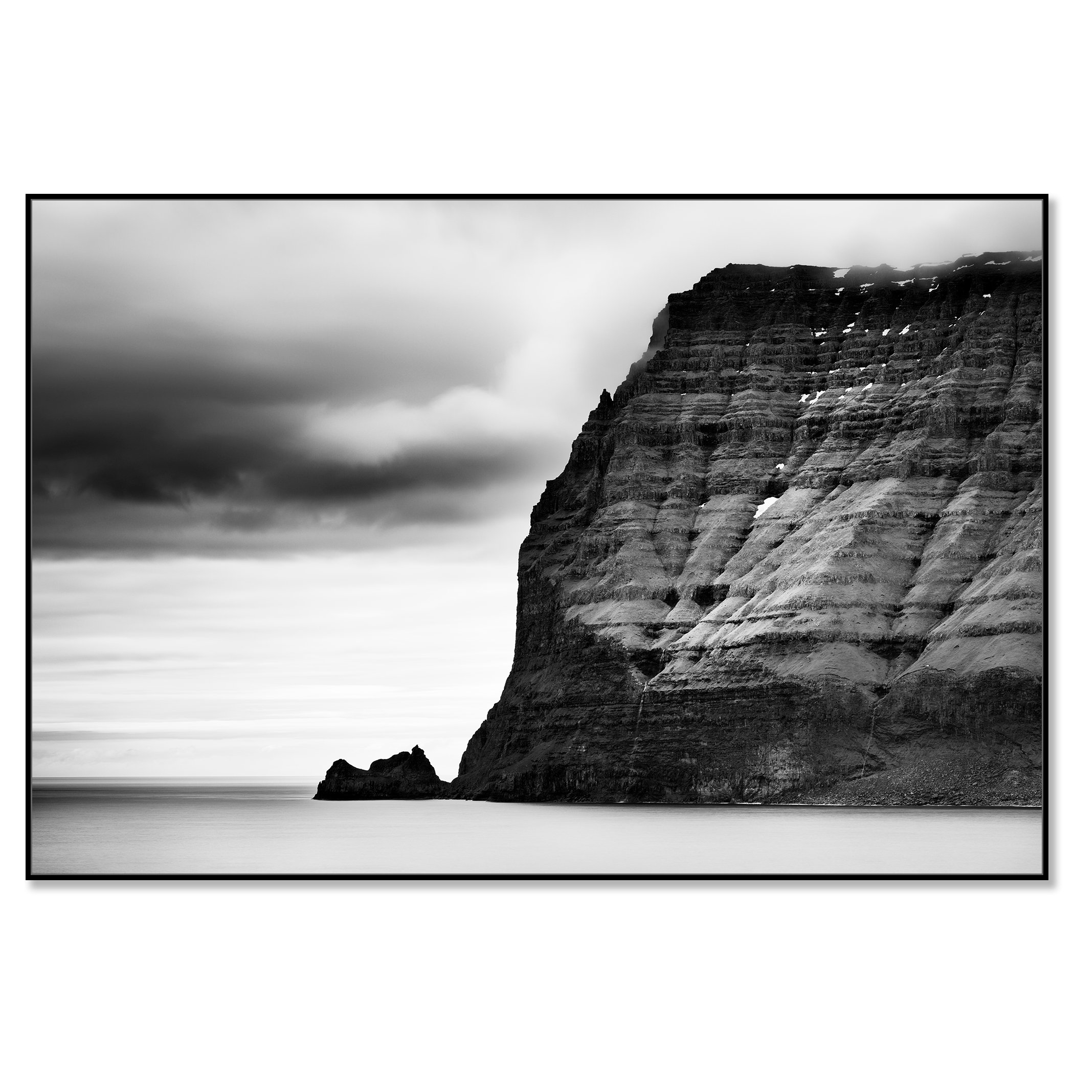 Sea Cliffs Study 2 – Faroe Islands, black-and-white photograph mounted on aluminium Dibond in a black ArtBox frame.