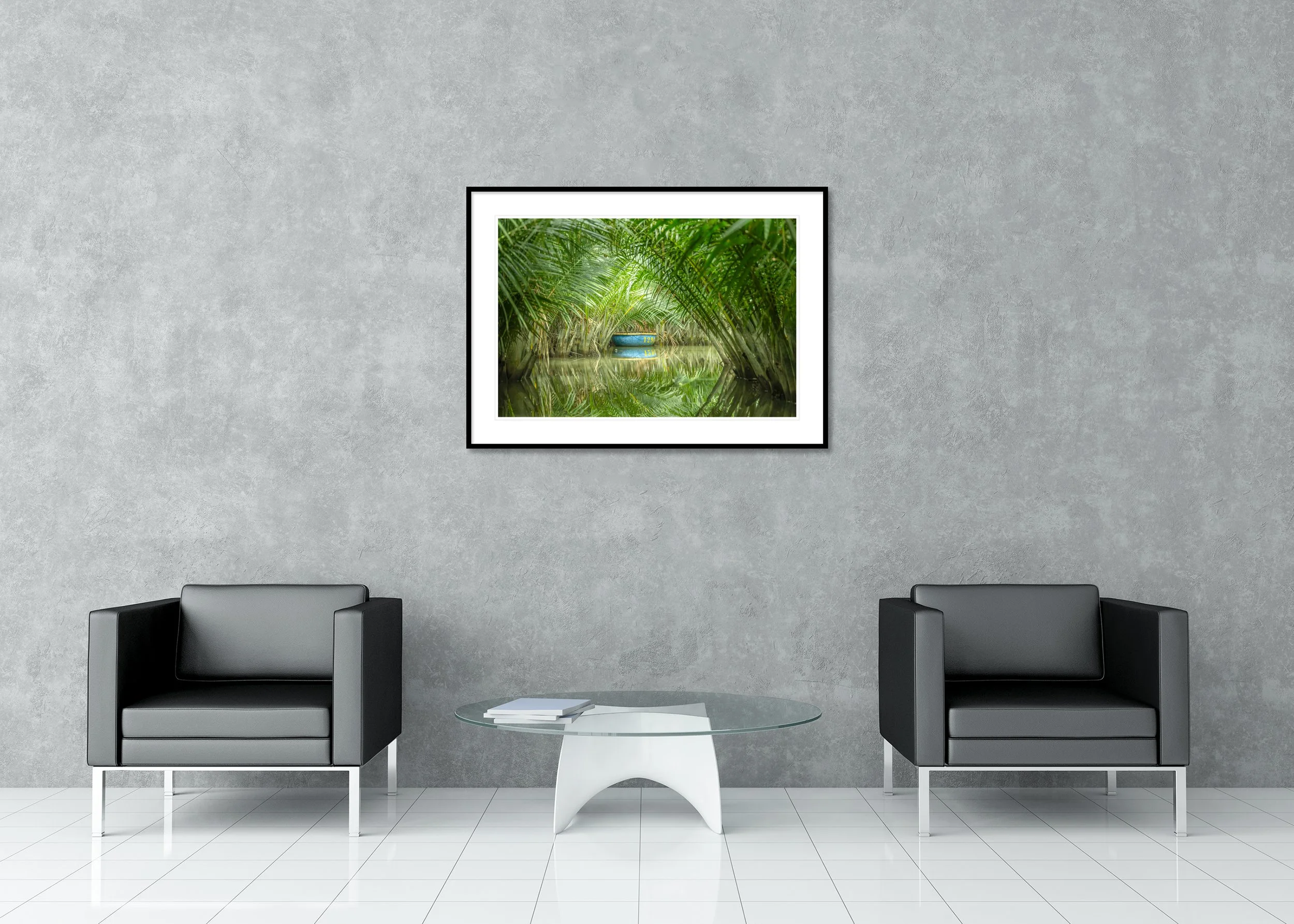 Blue Coconut Boat, Study 1 – Vietnam, colour archival pigment print in an aluminium frame with a white mount displayed in a modern interior.