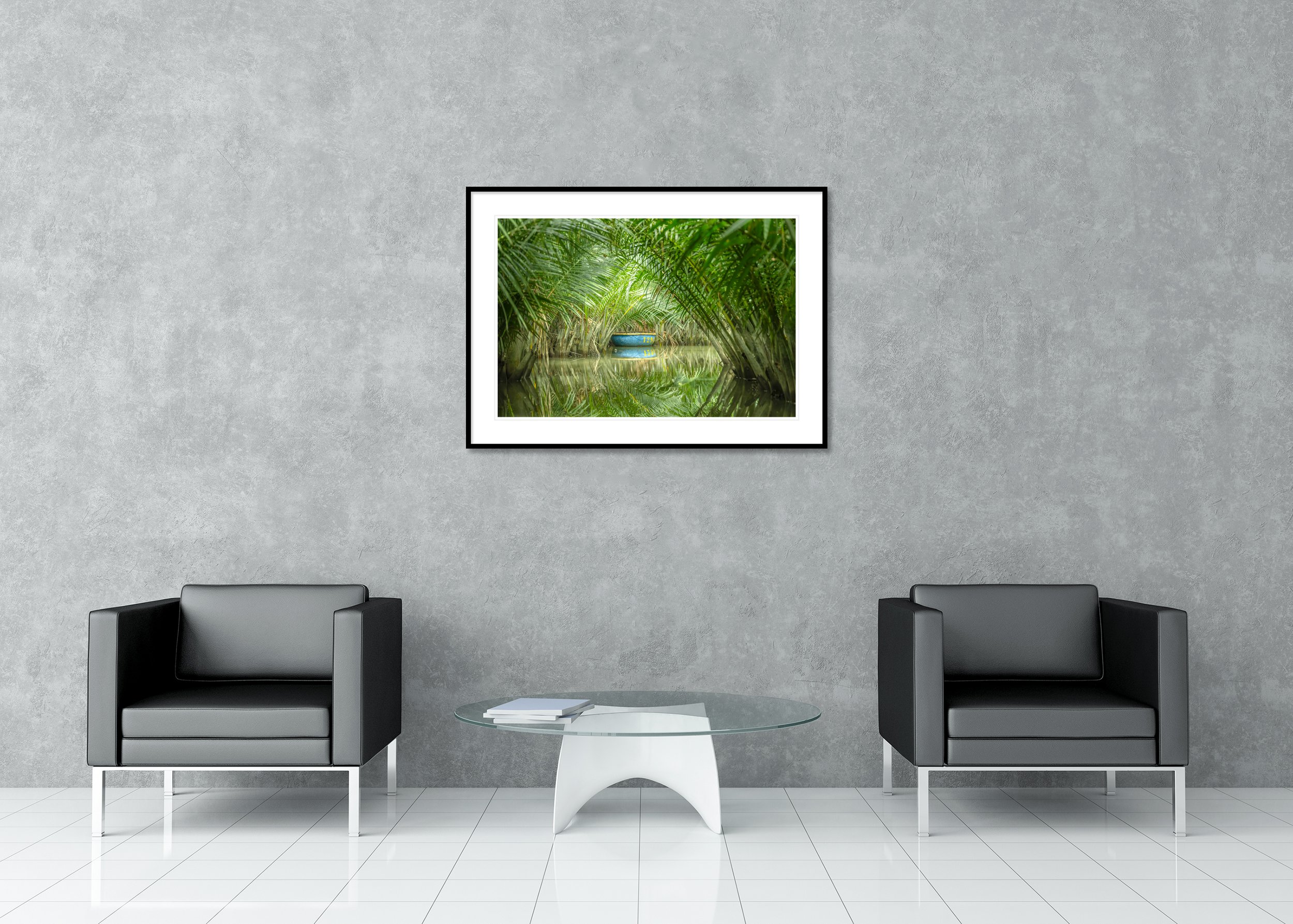 Gerald Berghammer - Blue Coconut Boat, waterscape, nipa palm waterway, Vietnam, Archival pigment print, aluminium frame, passe-partout, anti reflex glass
