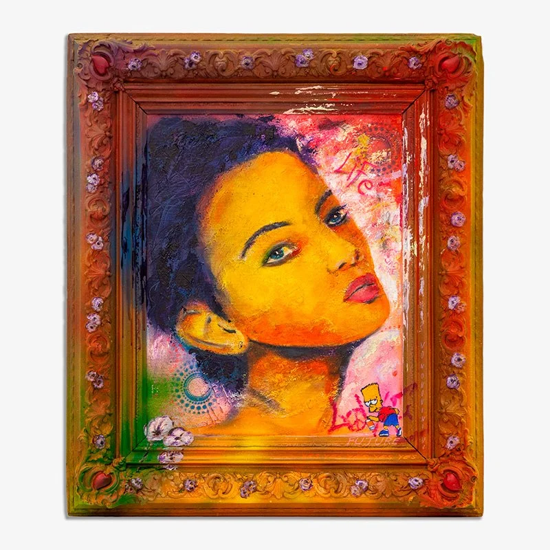 Colorful painting of a woman with dark hair and bold makeup in a decorative frame, with a small cartoon character and graffiti-style.