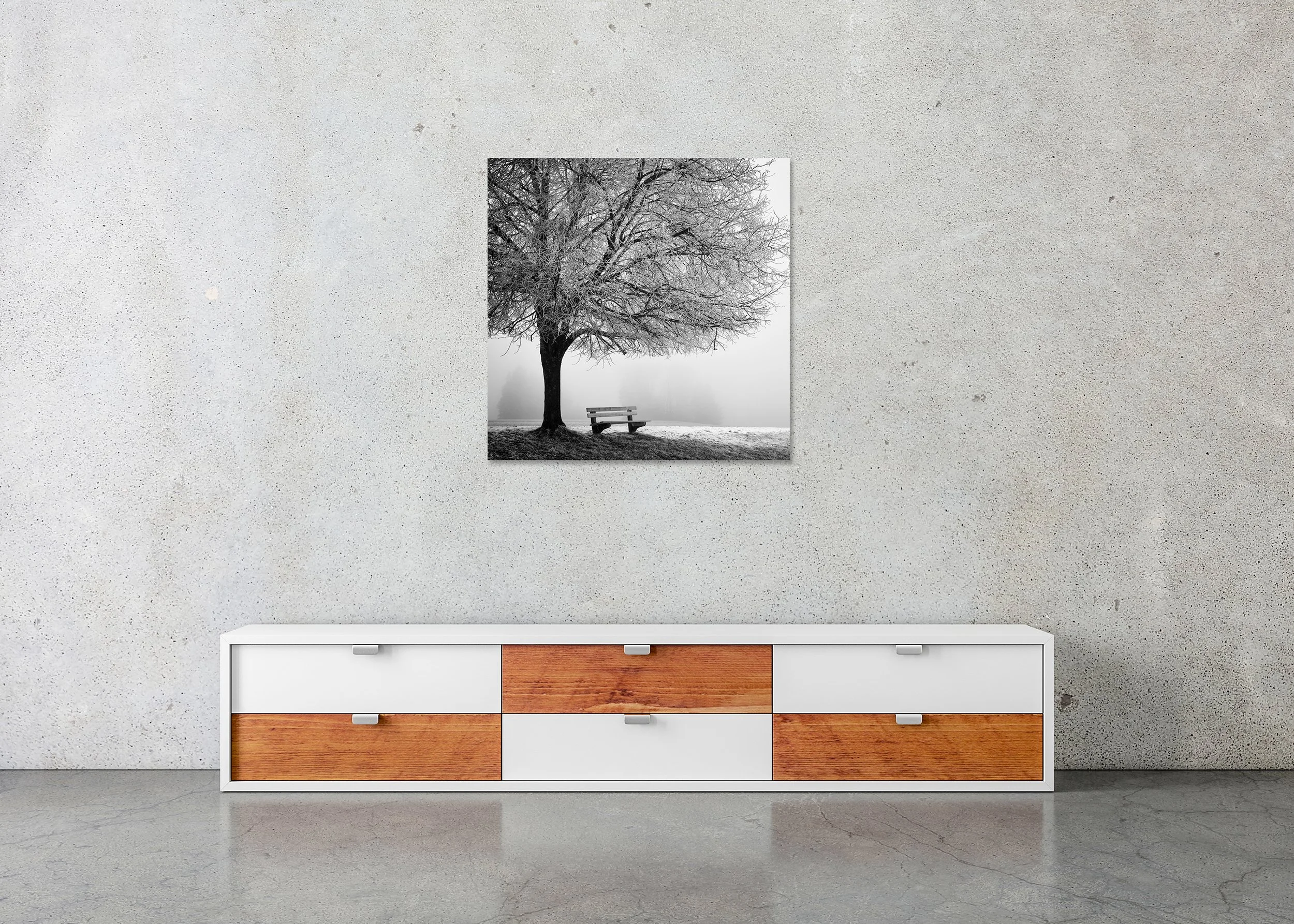 Cold Foggy Winter Morning Study 1 displayed in a modern interior as a frameless black-and-white artwork mounted on aluminium Dibond by Gerald Berghammer.