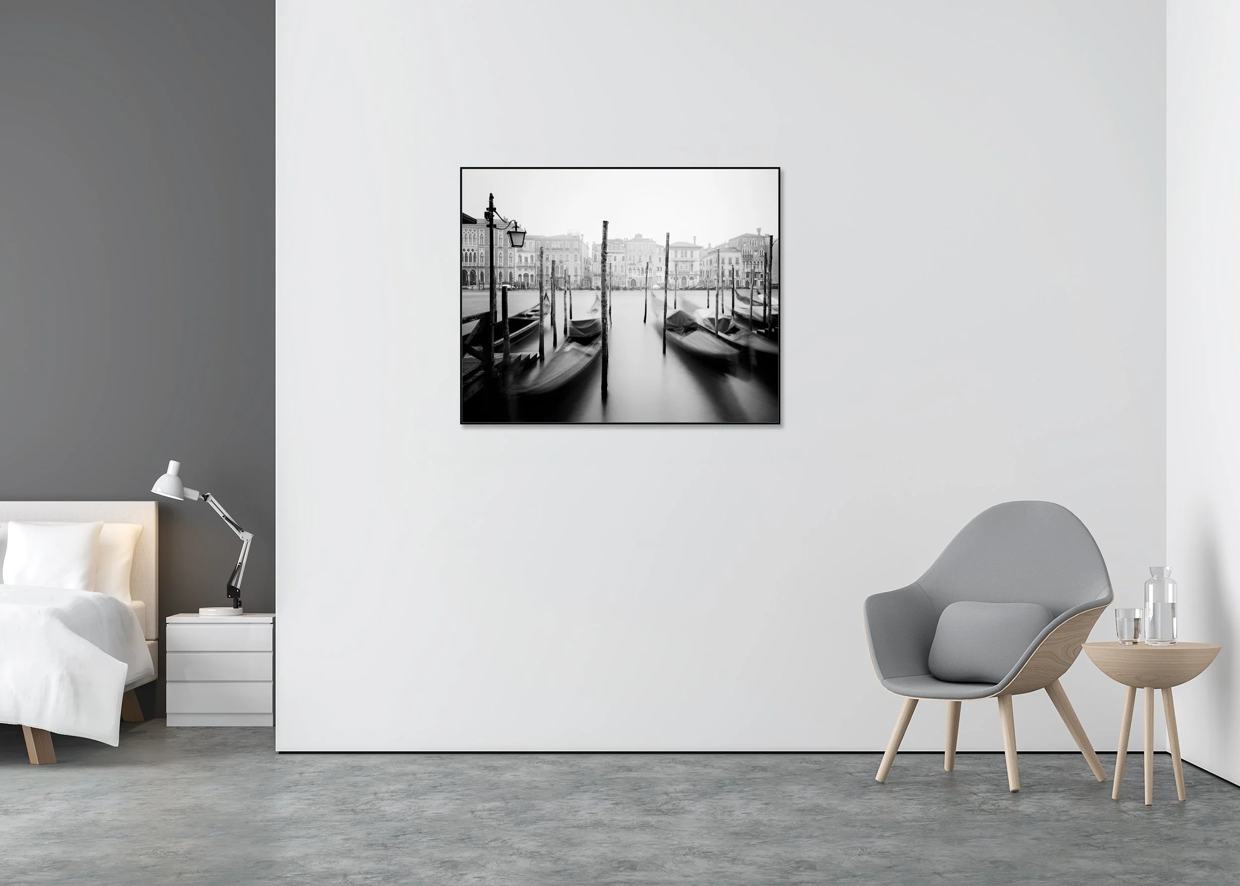 Black and white long-exposure photograph of gondolas in Venice by Gerald Berghammer, Chromaluxe aluminum print with modern aluminum frame.