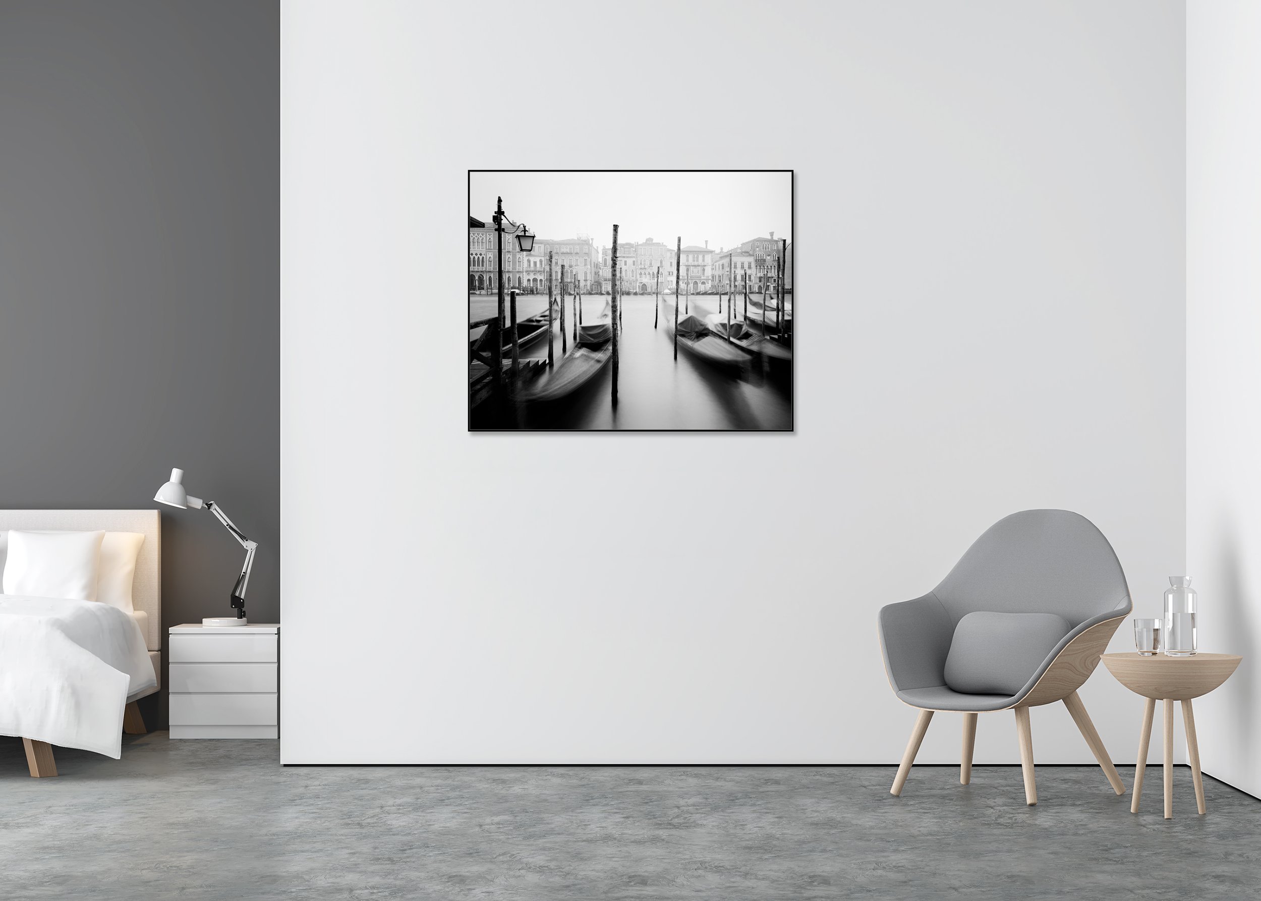 Black and white photo of gondolas moored on a calm Venetian canal with historic buildings behind fine art print mounted to Dibond in aluminium ArtBox
