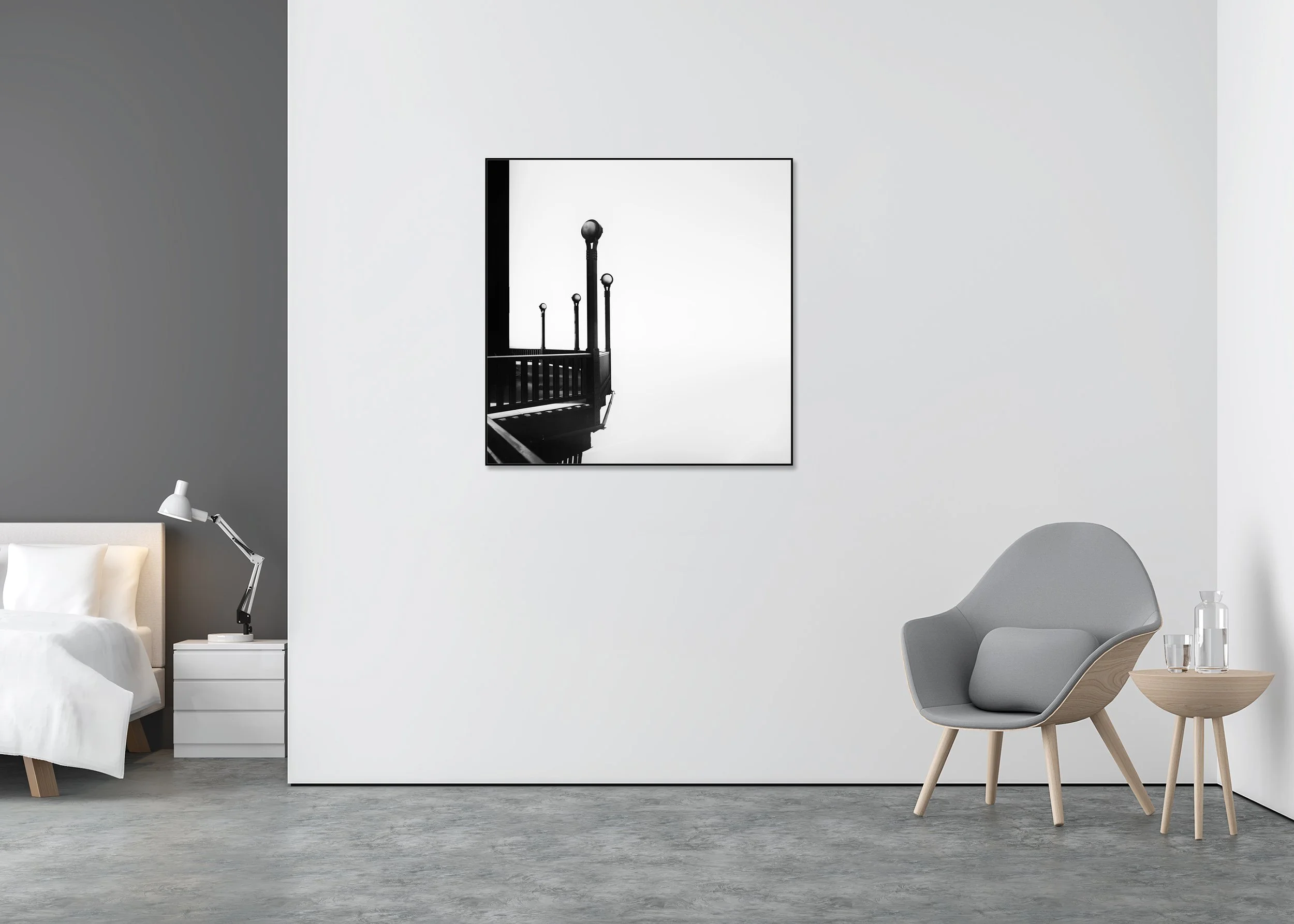 Golden Gate, Study 6 – black-and-white fine art photograph in an aluminium ArtBox displayed in a minimalist interior.